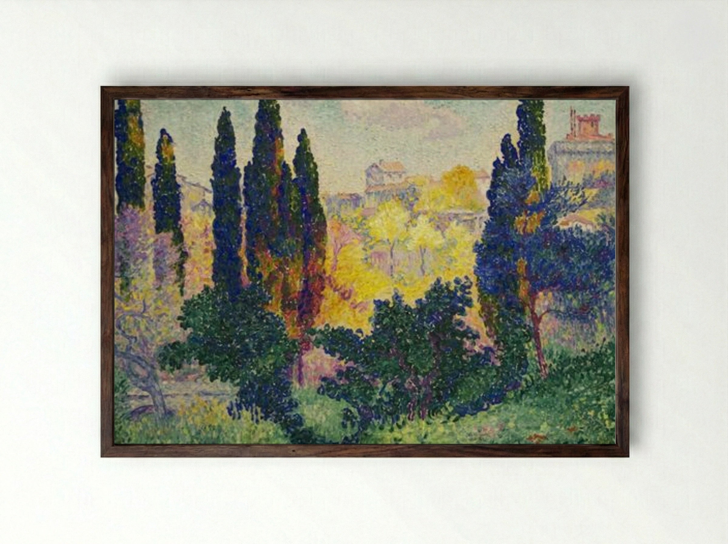 Les cyprès à Cagnes - Henri-Edmond Cross - Framed Print Dark Wood
