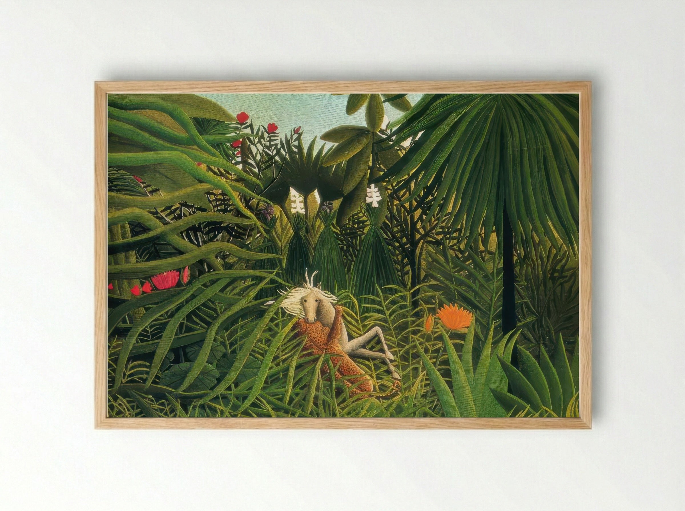 Jaguar Attacking a Horse by Henri Rousseau – Naïve Art Jungle Conflict Print - Framed Print Wood