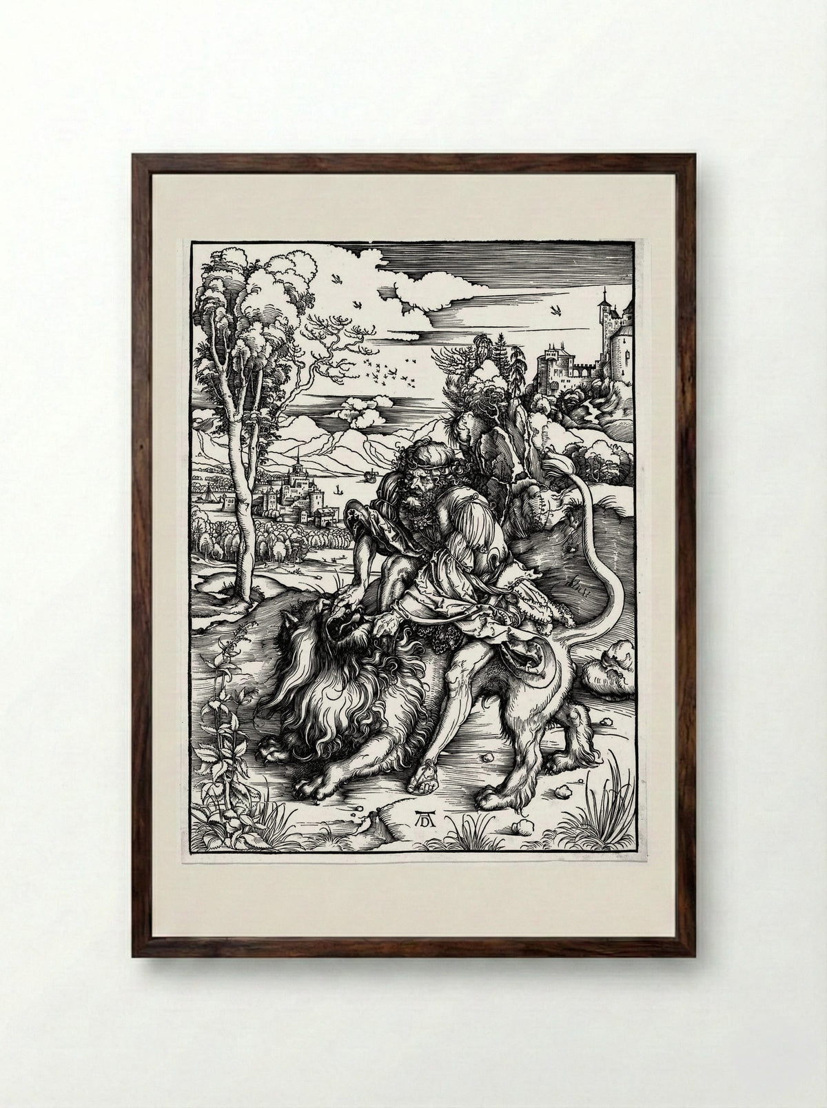 Samson Killing the Lion - Albrecht Dürer - Framed Print Dark Wood