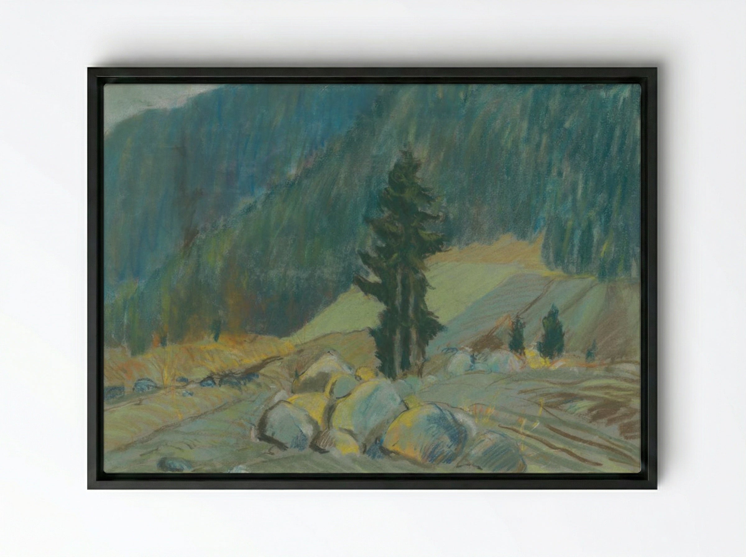 Mountain Brook Between Boulders - Zolo Palugyay - Framed Canvas Black