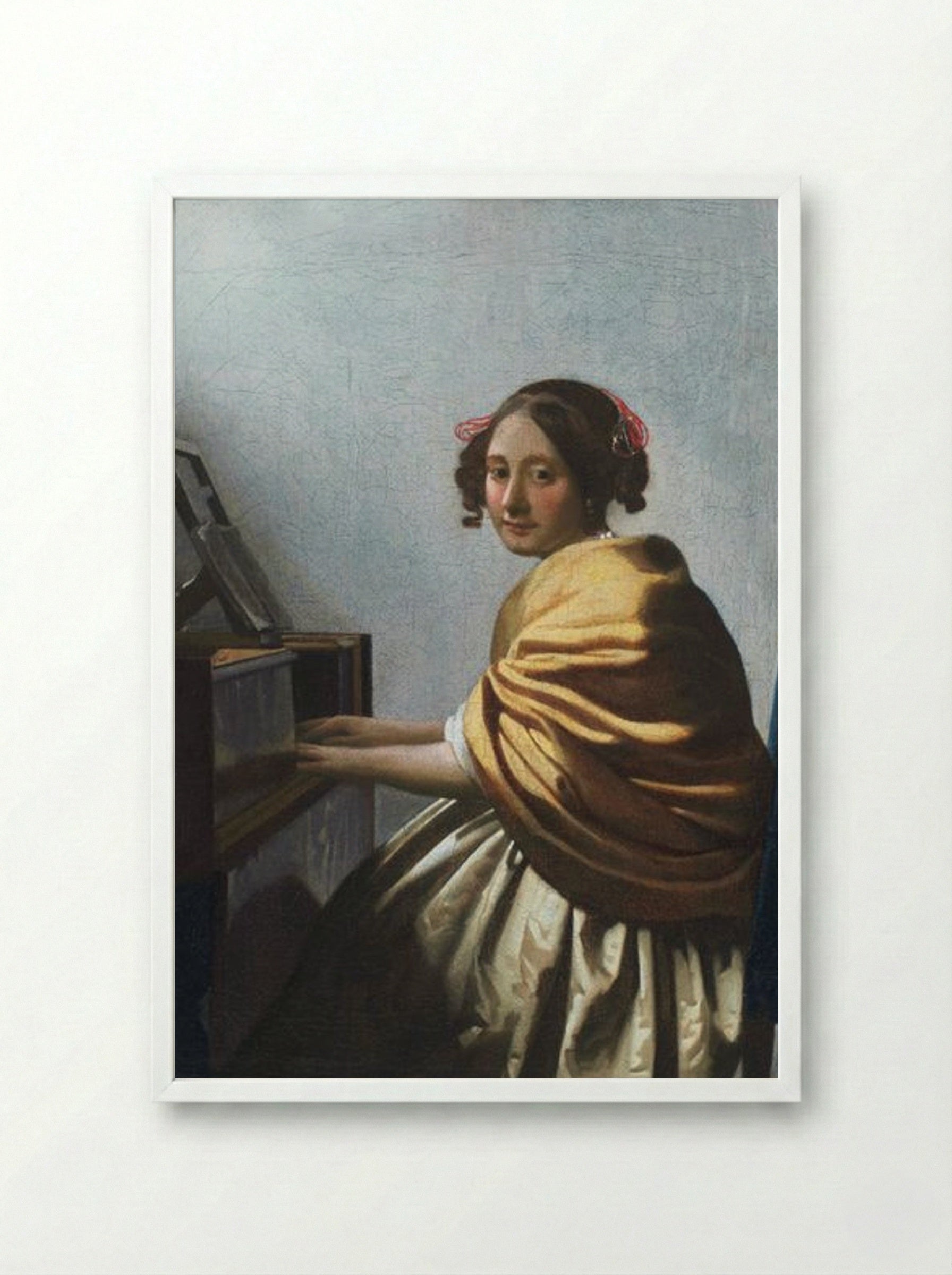 A Young Woman Seated at the Virginals - Johannes Vermeer - Framed Print White