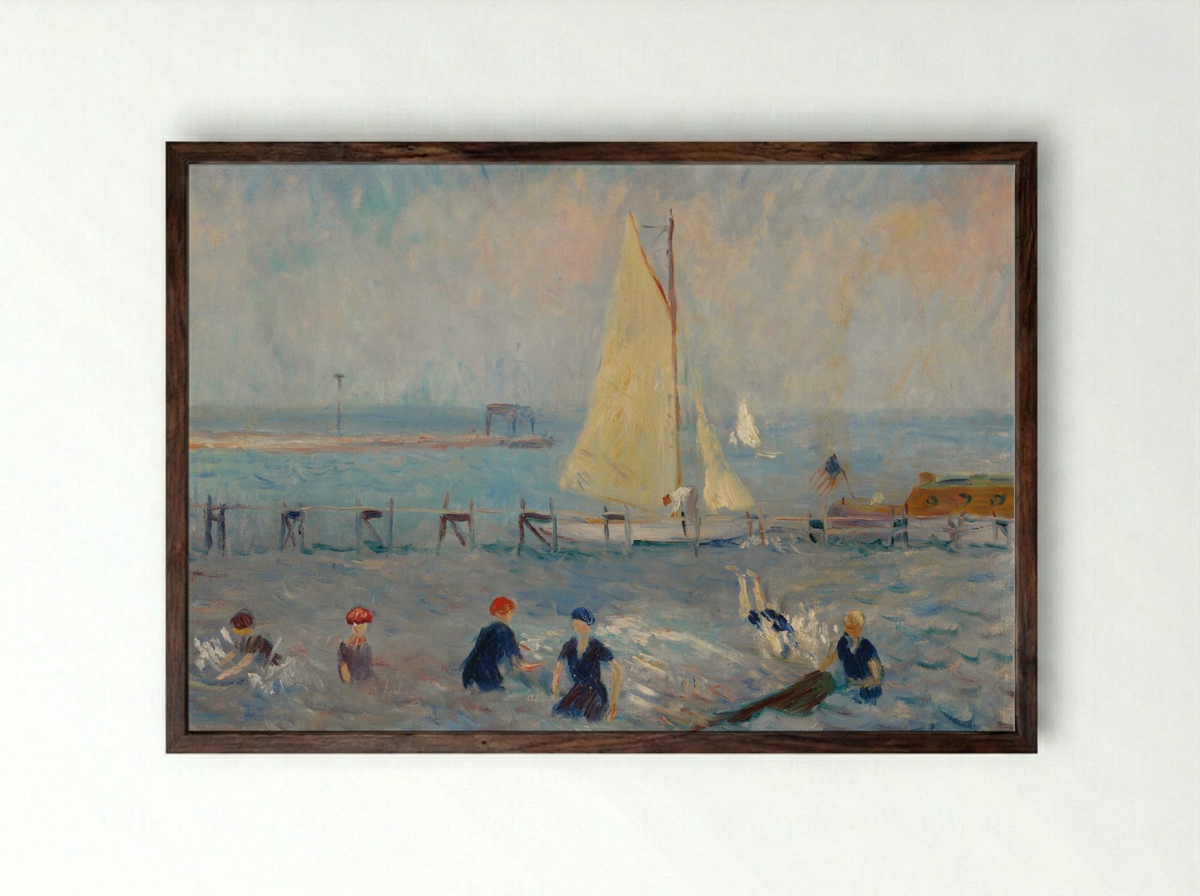 Seascape with Six Bathers, Bellport - William James Glackens - Framed Print Dark Wood