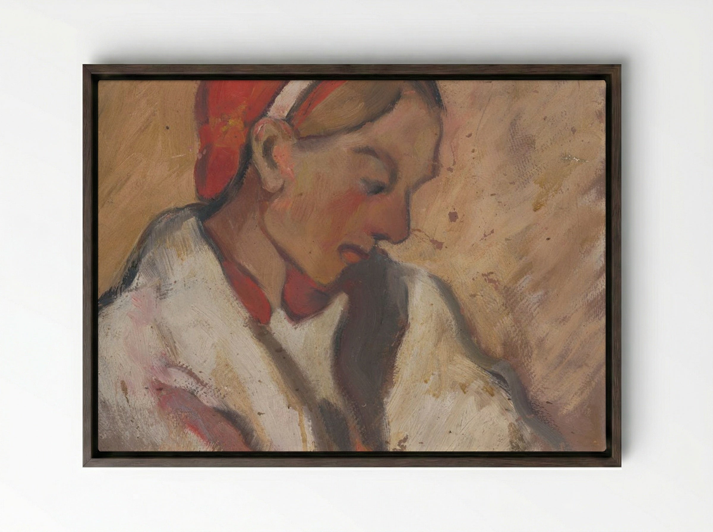 Girl in a Red Bonnet - Zolo Palugyay - Framed Canvas Dark Wood