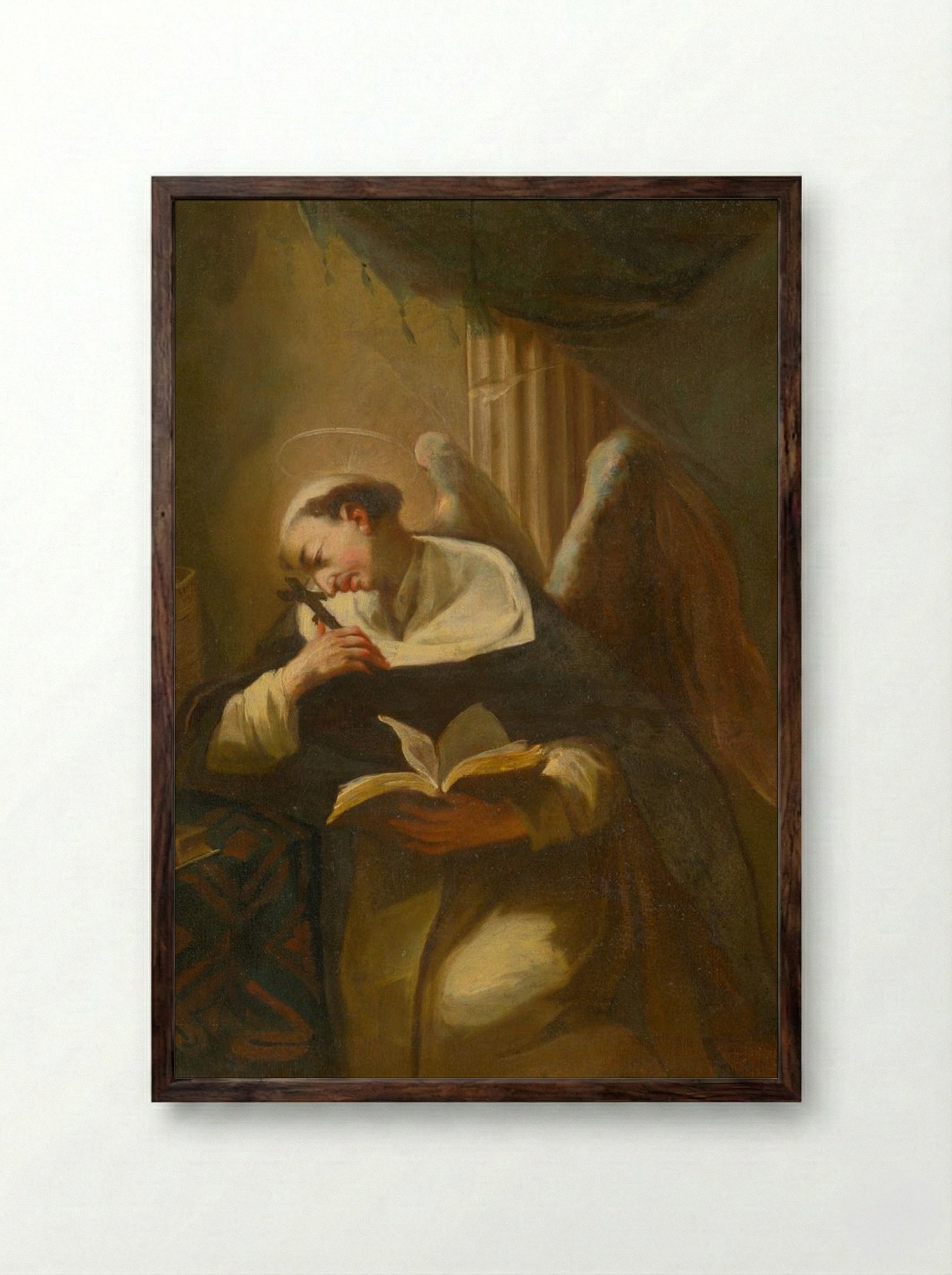 Kneeling Saint with Cross and Book - Fine Art Print - Framed Print Dark Wood