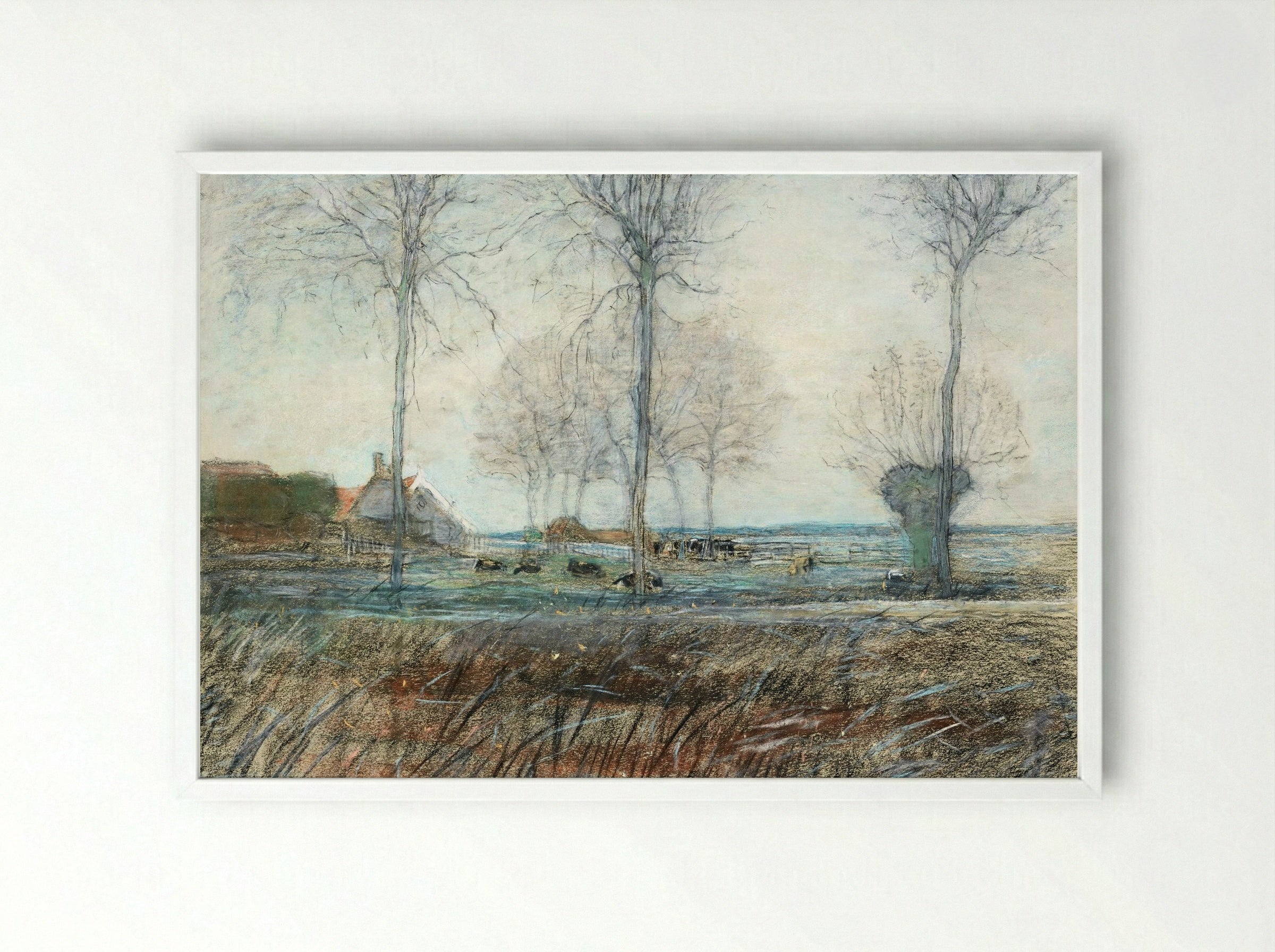 Farm Setting, Three Tall Trees in the Foreground - Piet Mondrian - Framed Print White