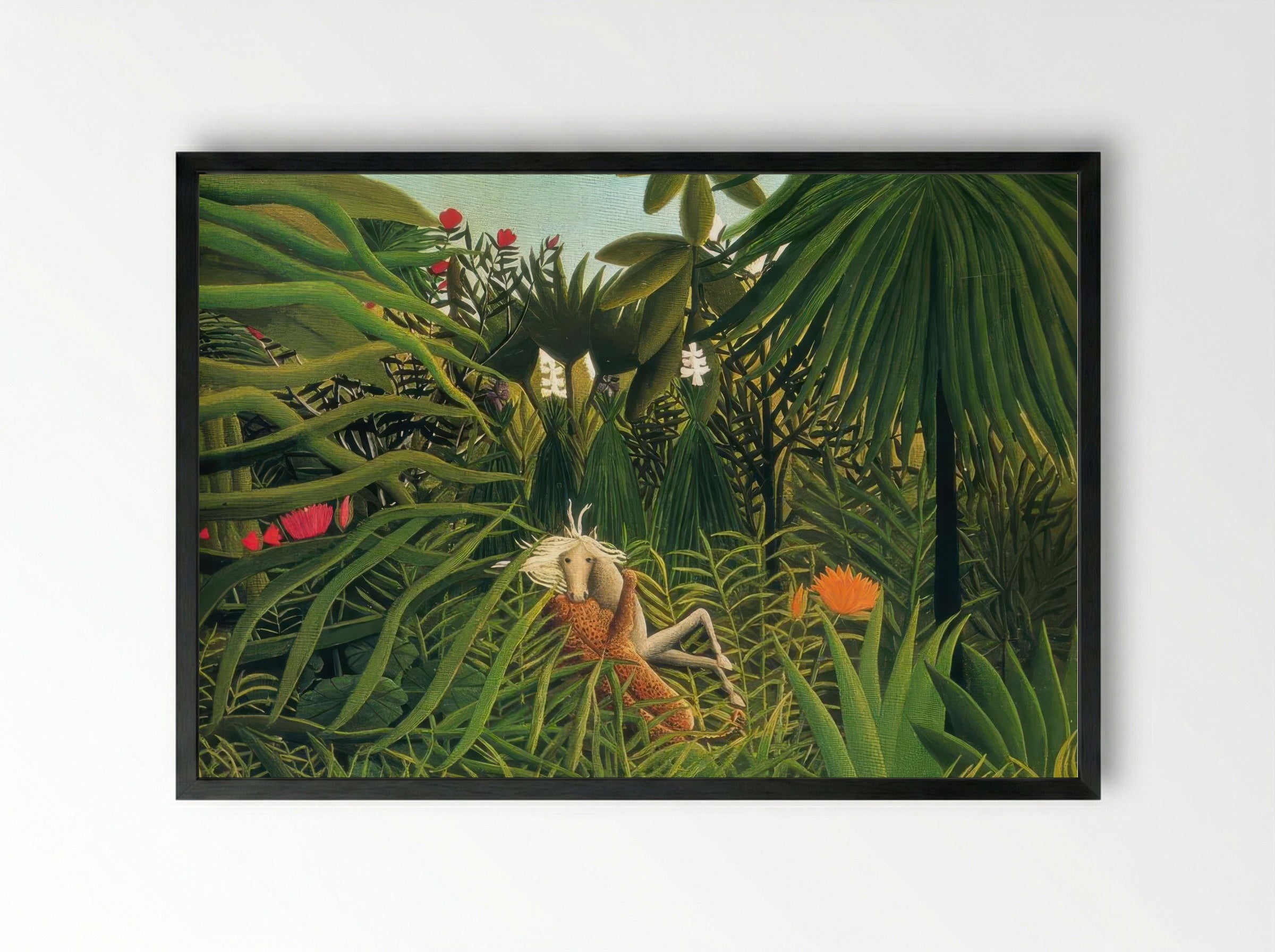 Jaguar Attacking a Horse by Henri Rousseau – Naïve Art Jungle Conflict Print - Framed Print Black