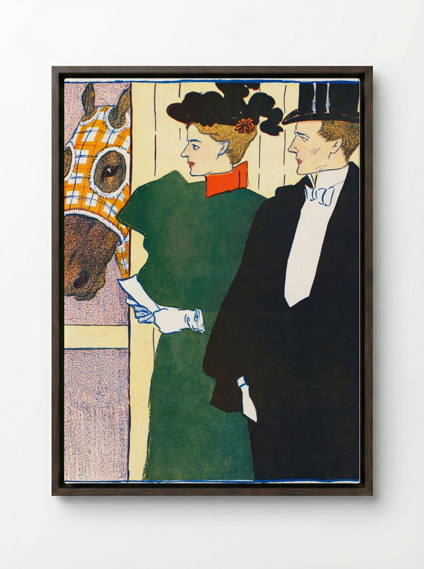 Woman Holding a Horse Racing Ticket - Edward Penfield - Framed Canvas Dark Wood