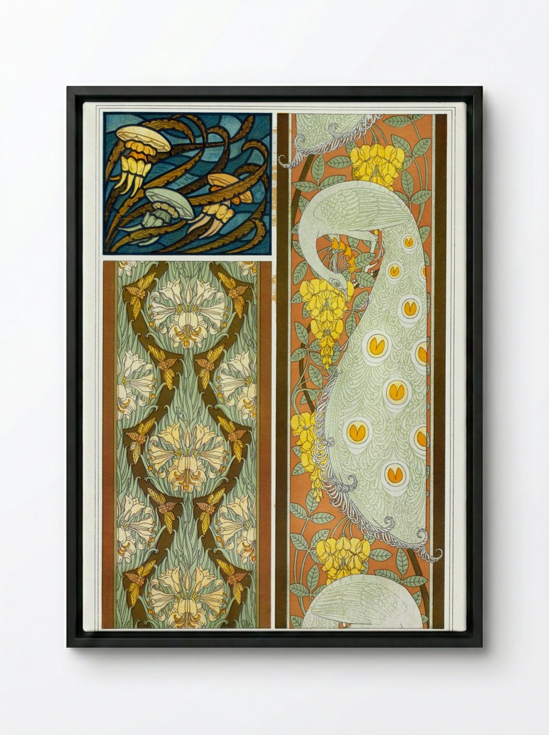 Meduses et Algues, Vitrail. Cigales et Lis, Paons et Cytise, Bordures (Plate 17 from L'animal dans la décoration) - Maurice Pillard Verneuil - Framed Canvas Black