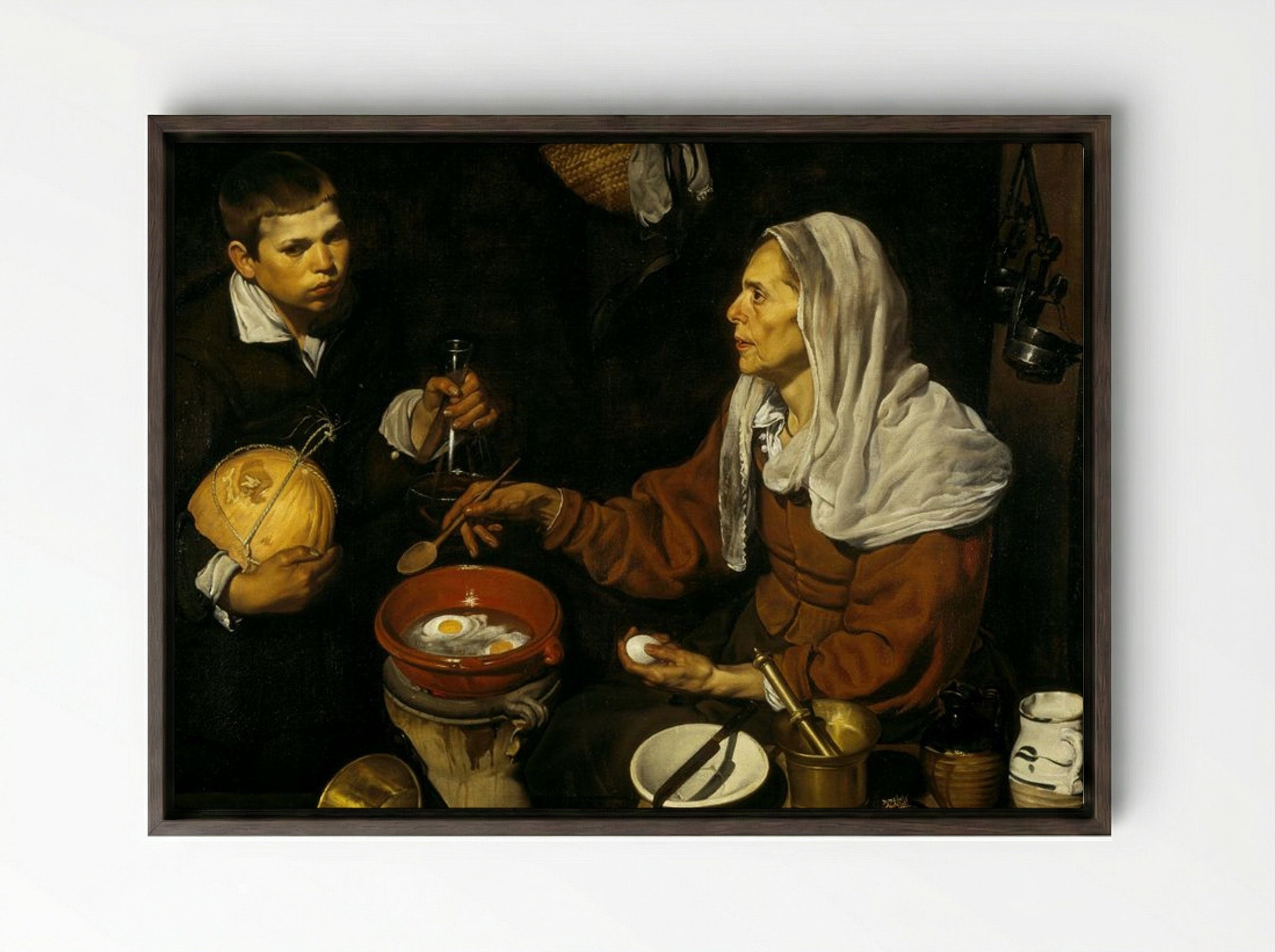Vieja friendo huevos (Old Woman Frying Eggs) - Diego Velázquez - Framed Canvas Dark Wood