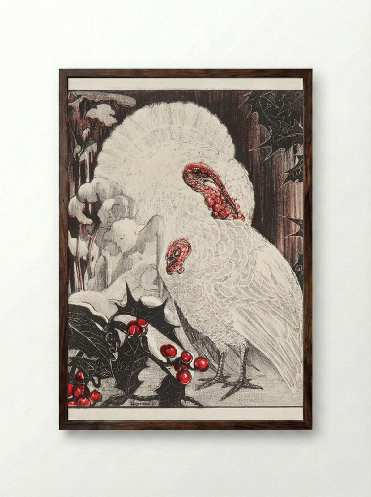 Two White Turkeys with Holly Branches in the Snow - Theo van Hoytema - Framed Print Dark Wood