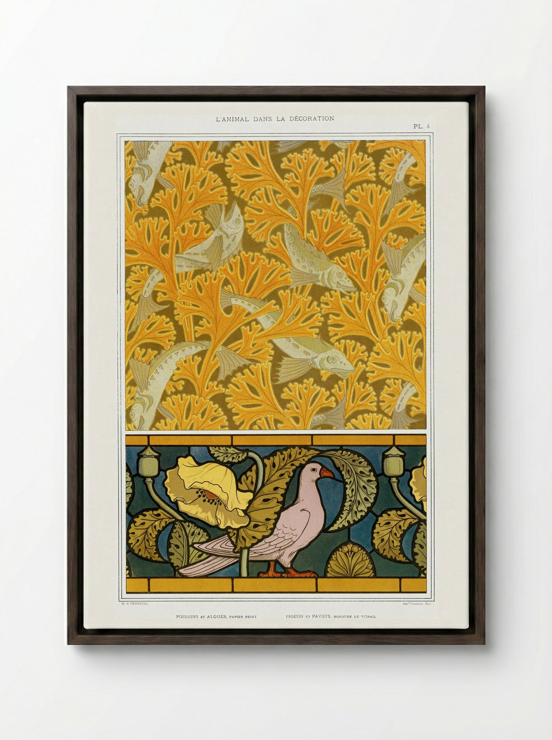 Poisson et Algues, Papier Peint / Pigeon et Pavots, Bordure de Vitrail - Maurice Pillard Verneuil - Framed Canvas Dark Wood