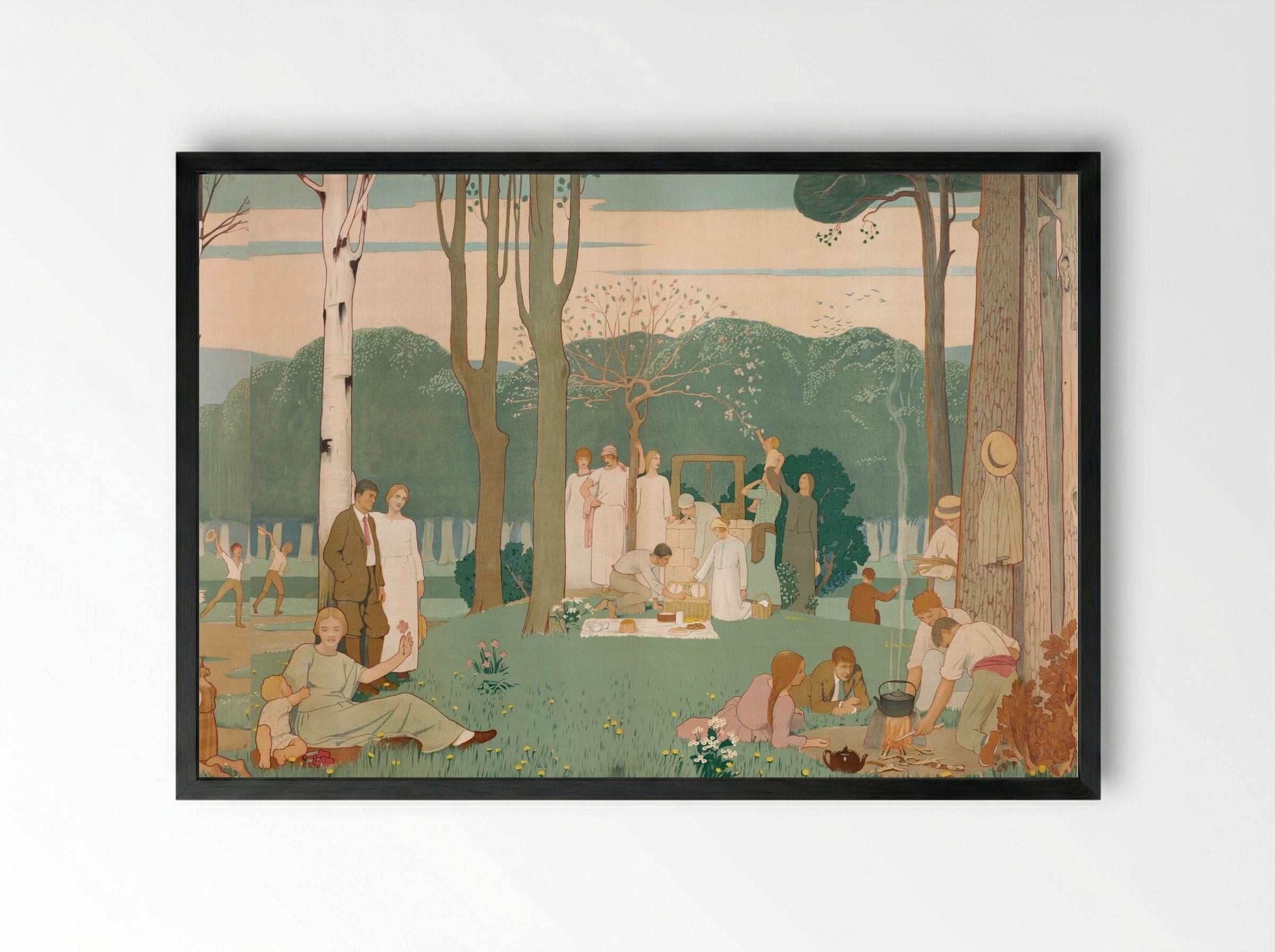 Men, Women, and Children at a Picnic in the Park - Fine Art Print - Framed Print Black