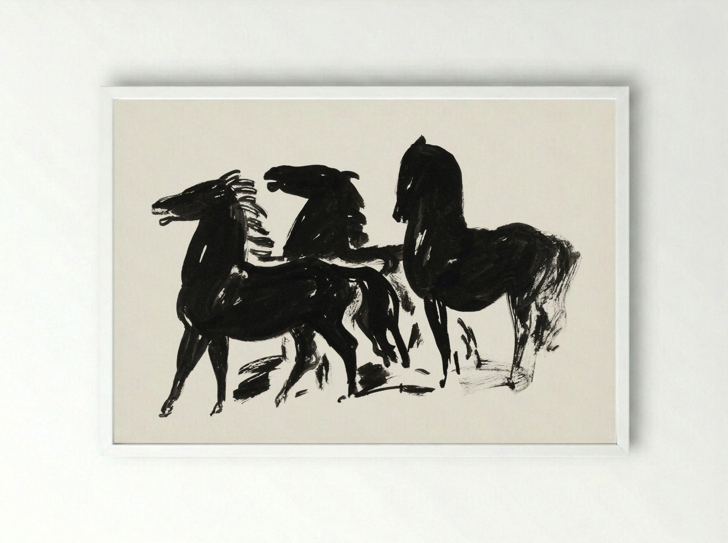Three Black Horses Standing, Facing Left - Leo Gestel - Framed Print White