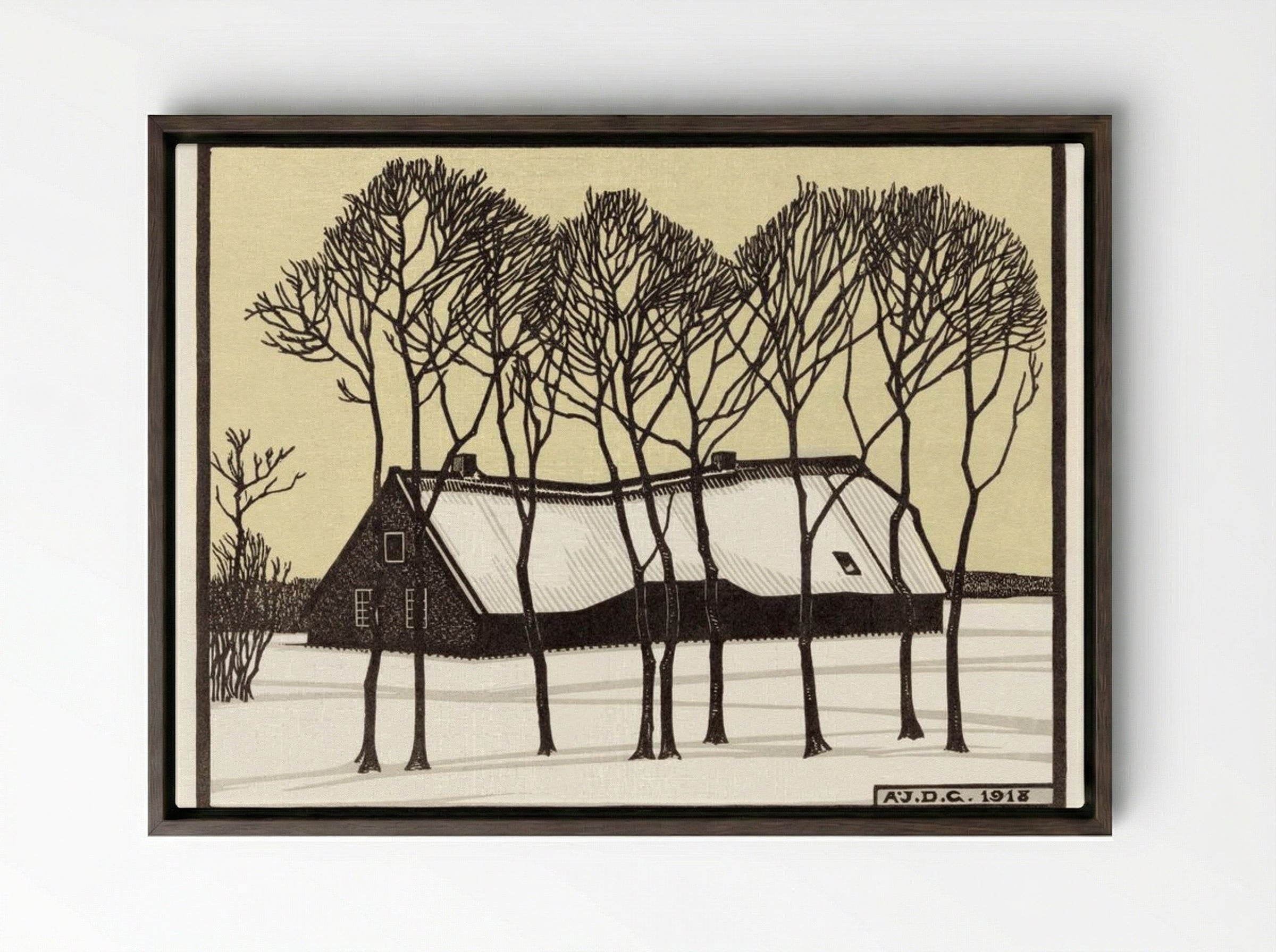 Farm in the Snow - Julie de Graag - Framed Canvas Dark Wood