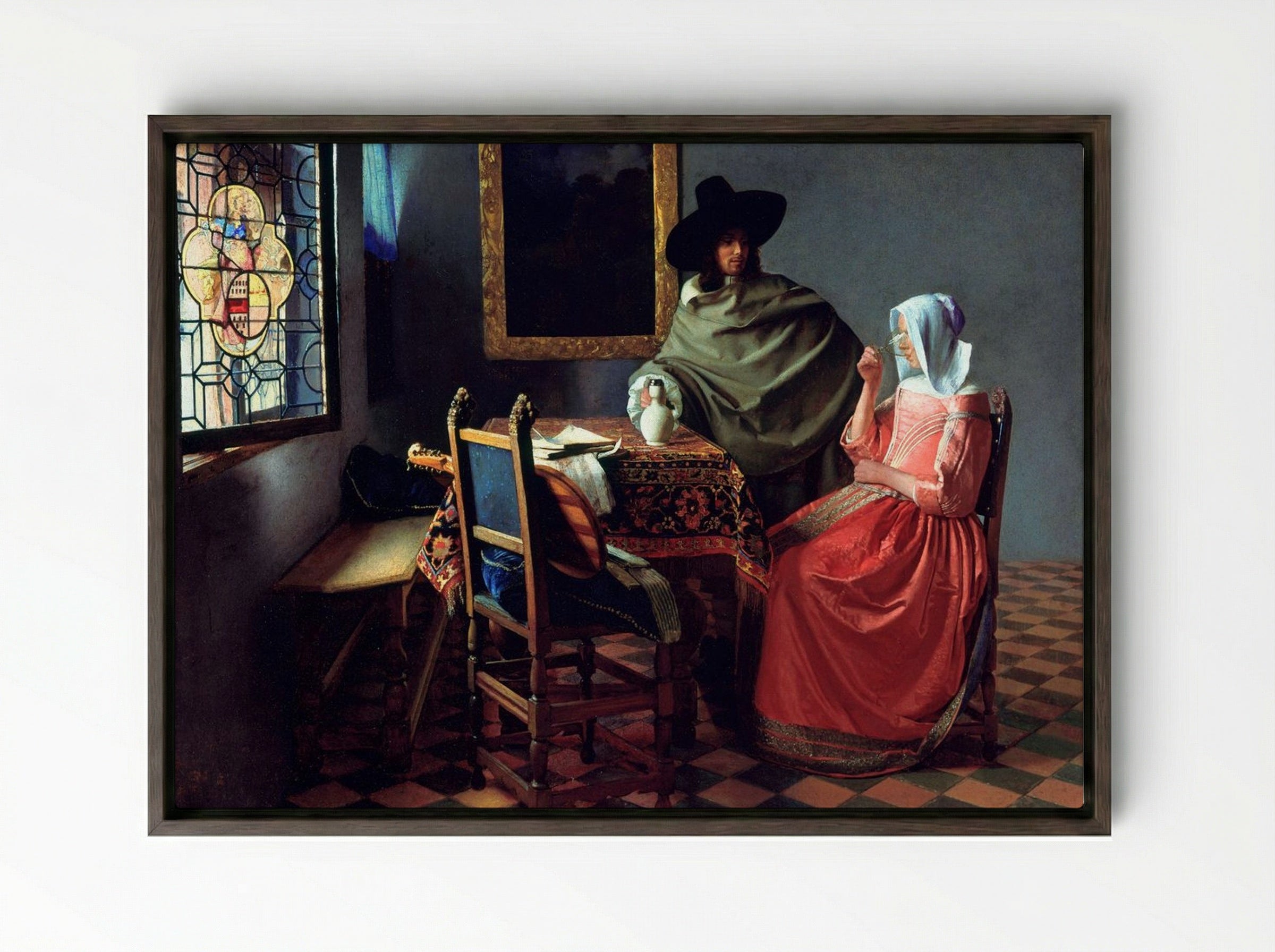 The Wine Glass - Johannes Vermeer - Framed Canvas Dark Wood