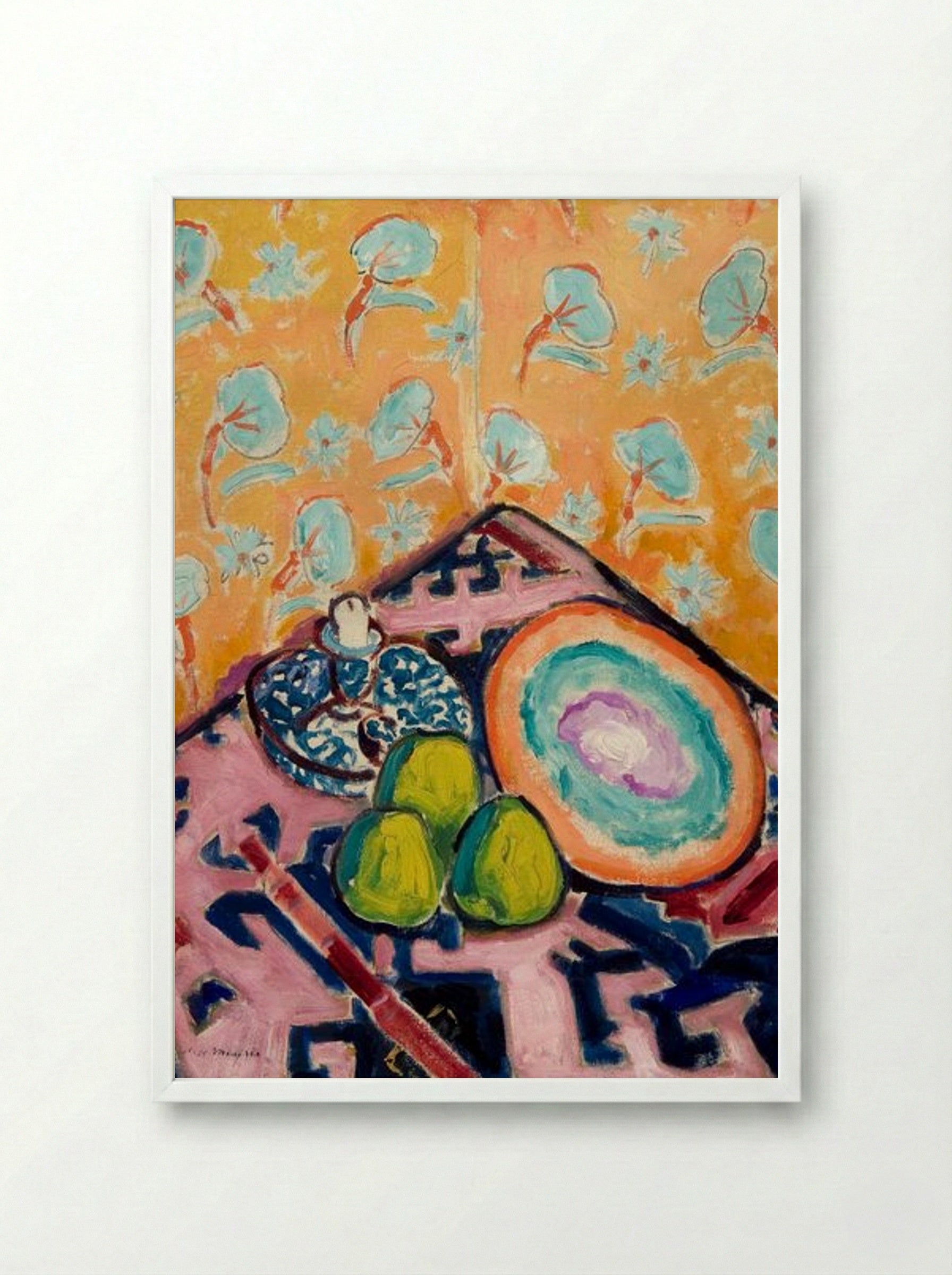 Still Life with Fruit and Patterned Background - Alfred Henry Maurer - Framed Print White