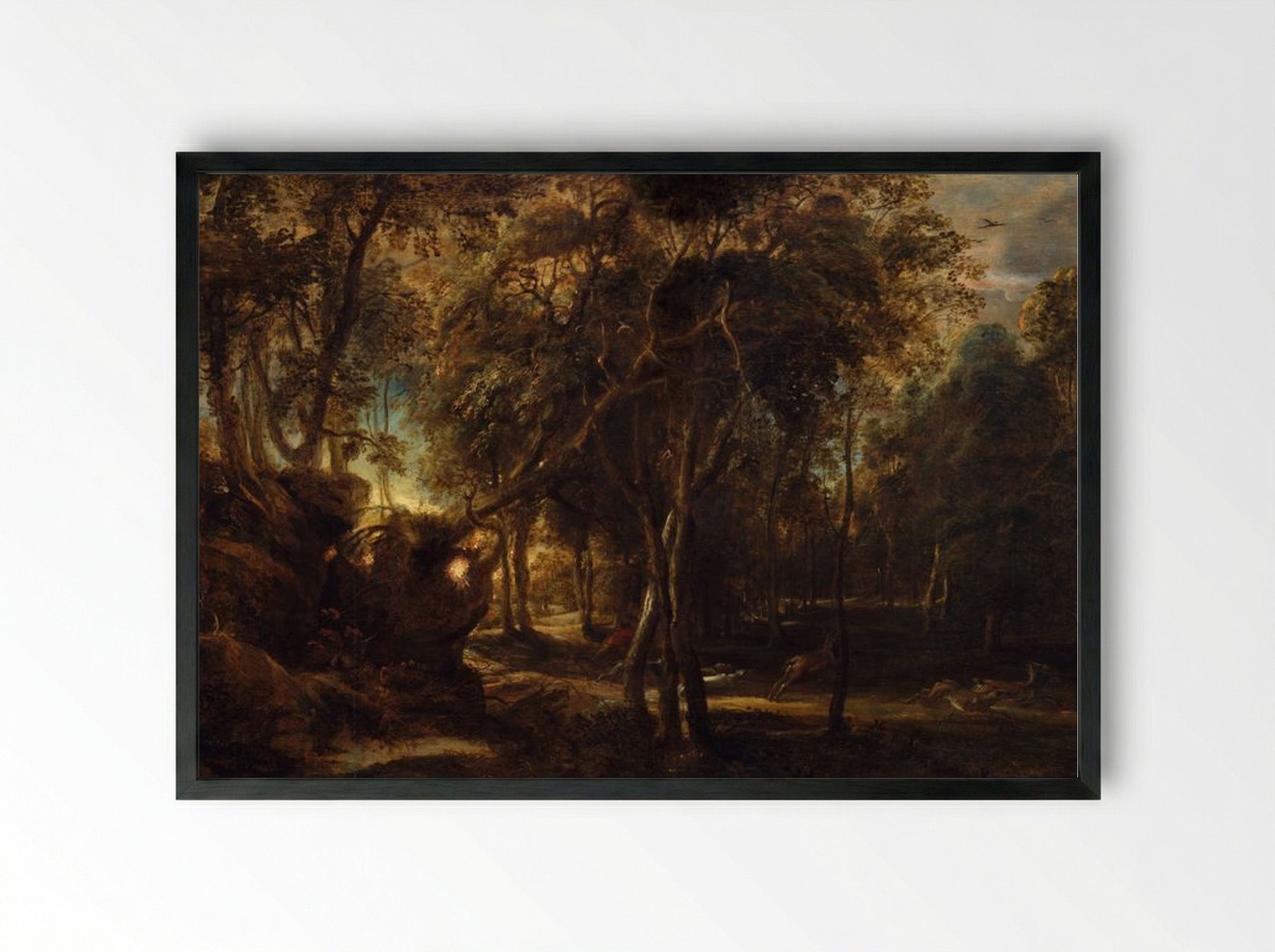 A Forest at Dawn with a Deer Hunt - Peter Paul Rubens - Framed Print Black