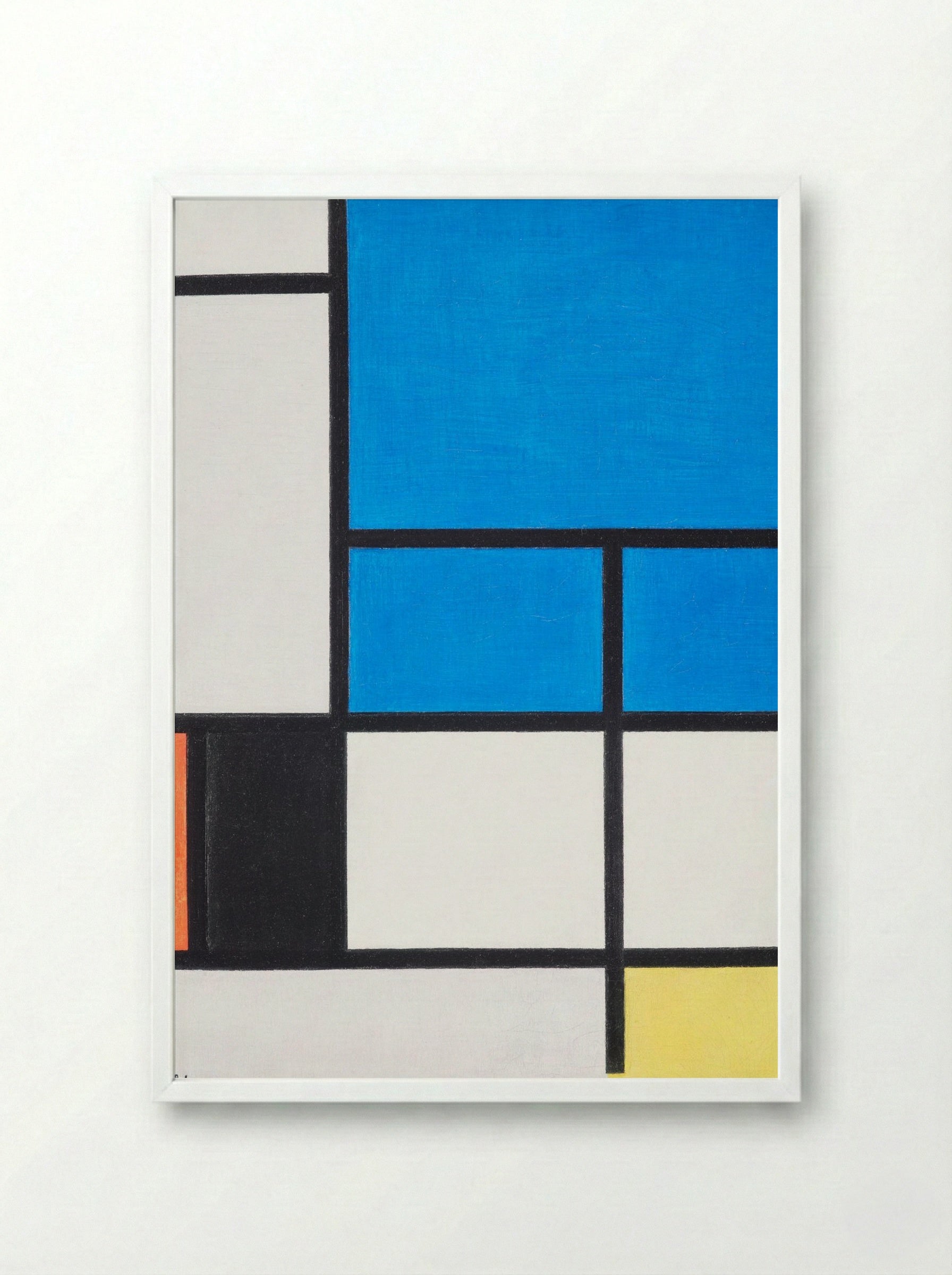 Composition with Large Blue Plane, Red, Black, Yellow, and Gray - Piet Mondrian - Framed Print White