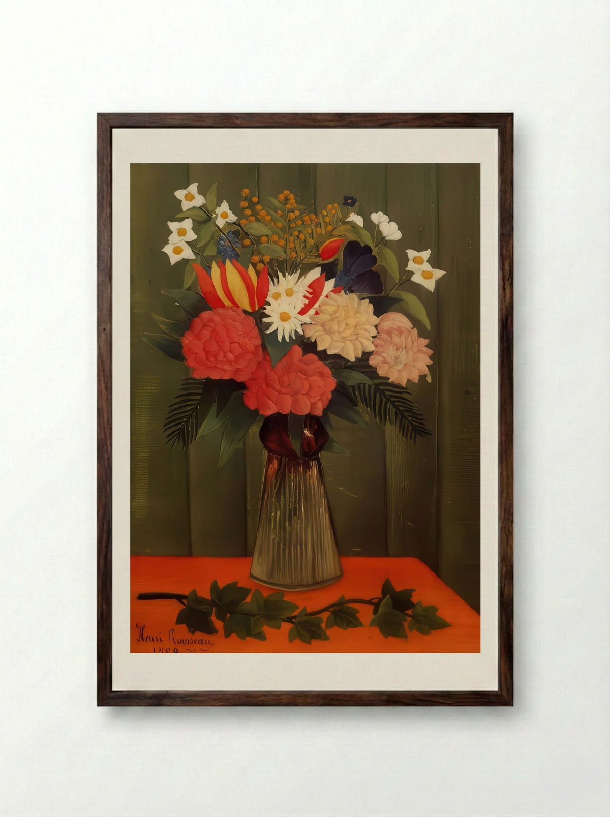 Bouquet of Flowers with Ivy Branch by Henri Rousseau – Vintage Botanical Still Life Print - Framed Print Dark Wood
