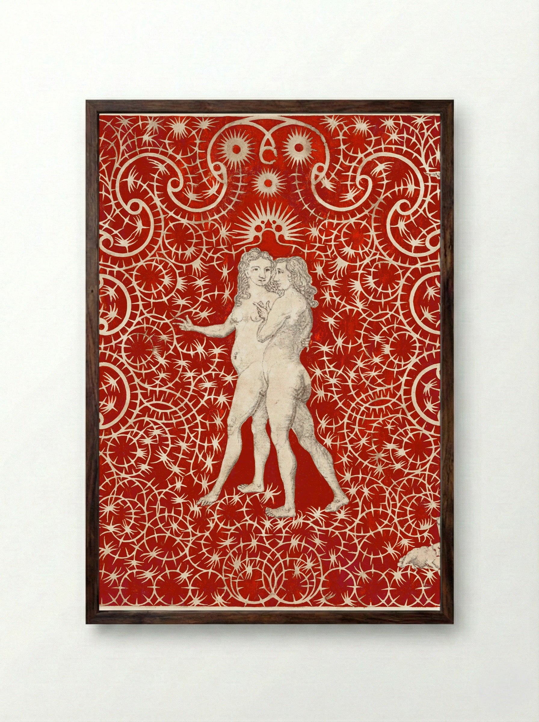 Adam and Eve in the Garden with a Pair of Sheep and a Pair of Doves - British 18th Century - Framed Print Dark Wood