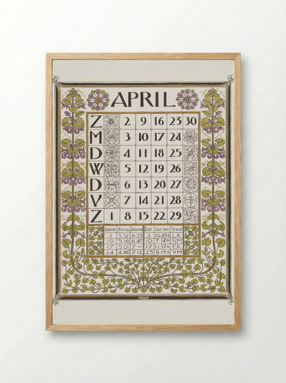 Calendar for April 1899 - Gerrit Willem Dijsselhof - Framed Print Wood