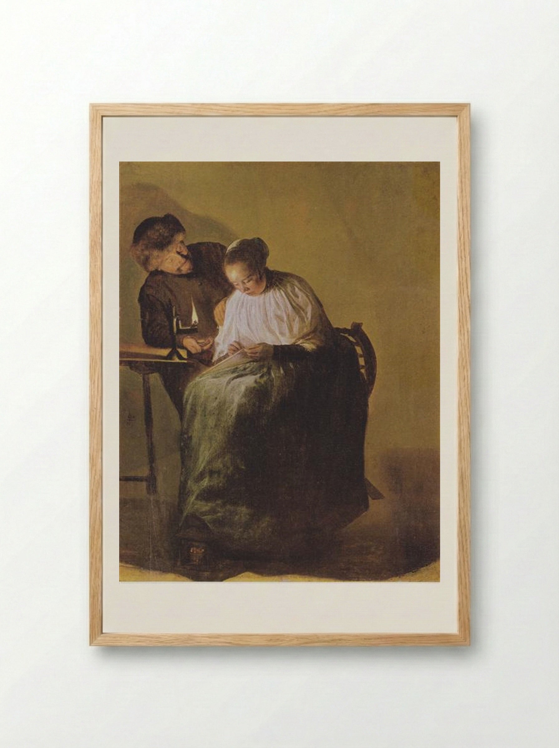 A Man Offering Money to a Young Woman - Judith Leyster - Framed Print Wood