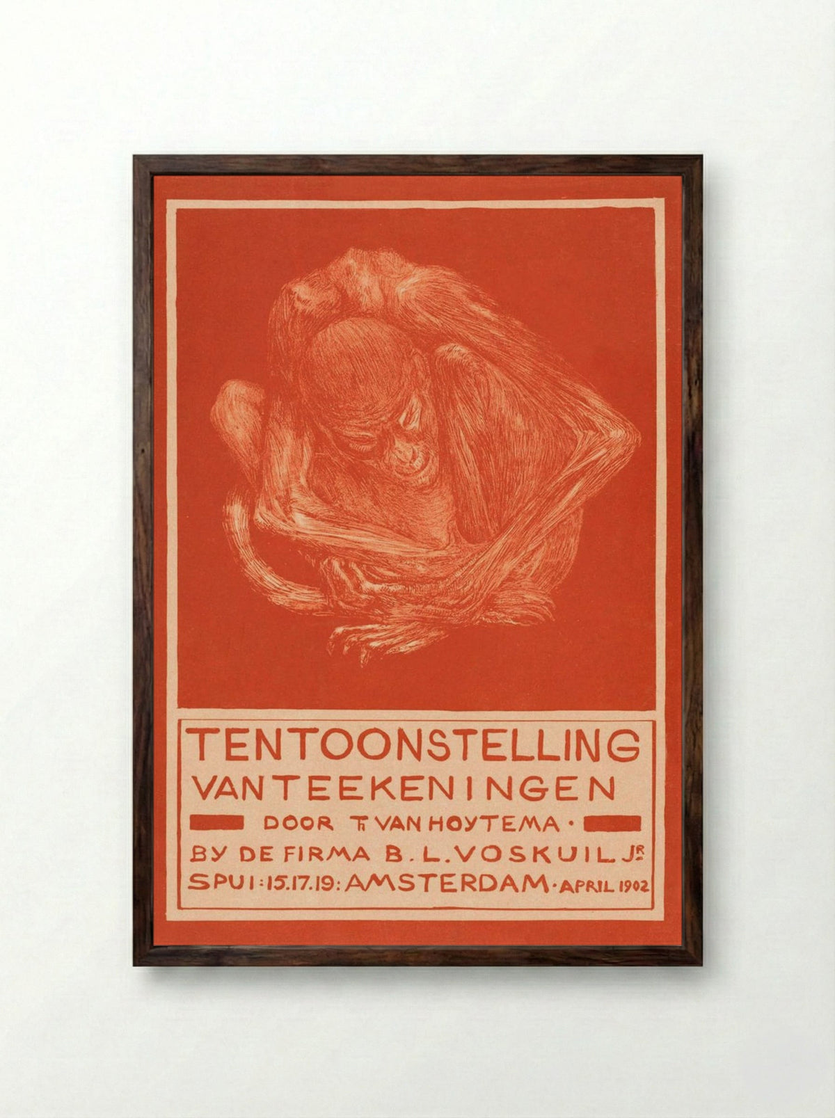 Reclamekaart met ineengedoken aap (Advertising Card with Crouching Ape) - Theo van Hoytema - Framed Print Dark Wood