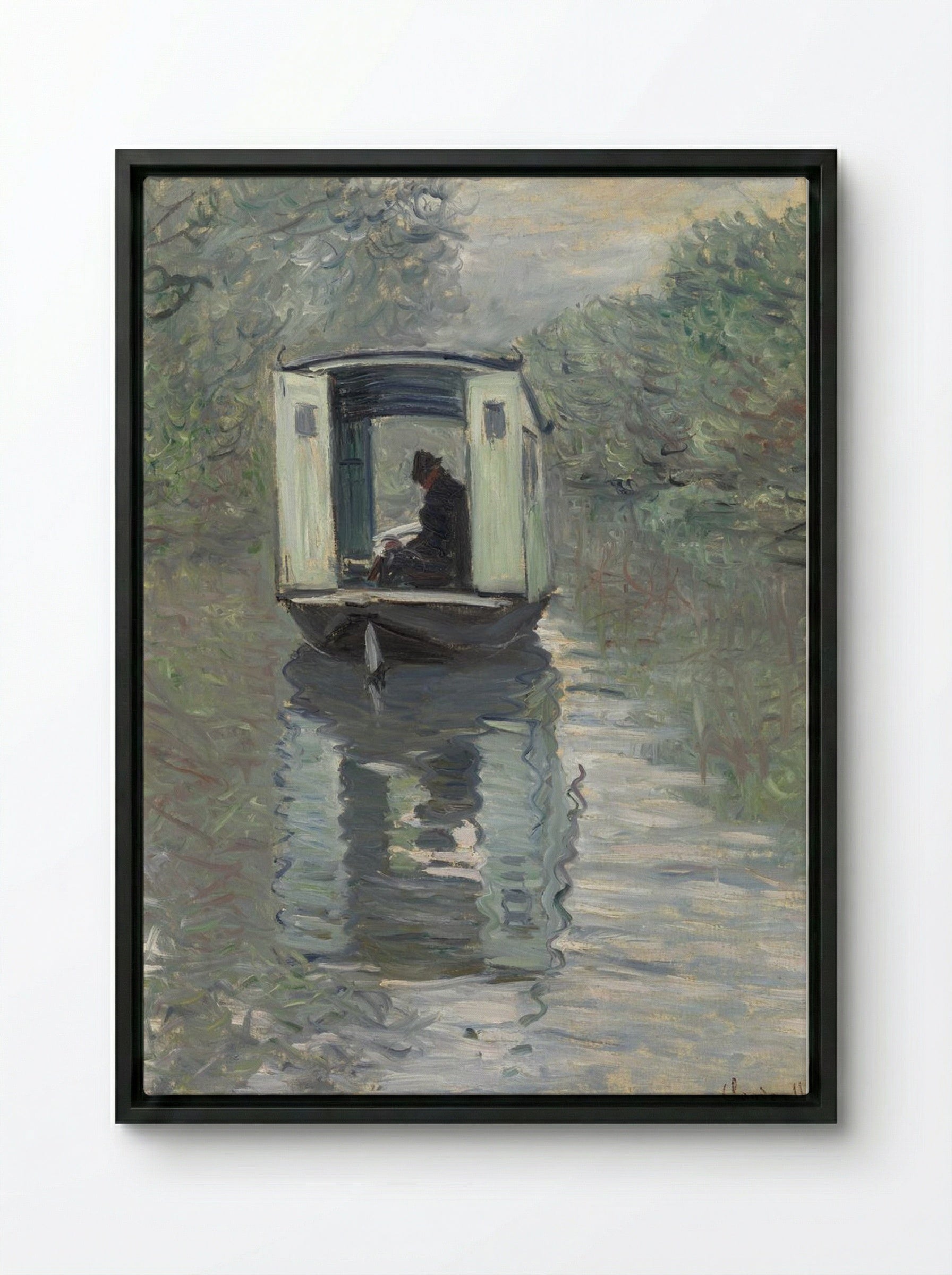 The Studio Boat (Le Bateau-atelier) - Claude Monet - Framed Canvas Black