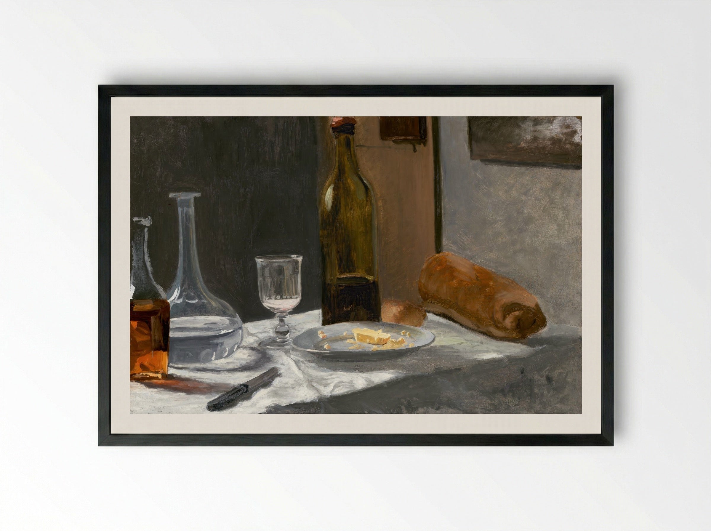 Still Life with Bottle, Carafe, Bread, and Wine - Claude Monet - Framed Print Black