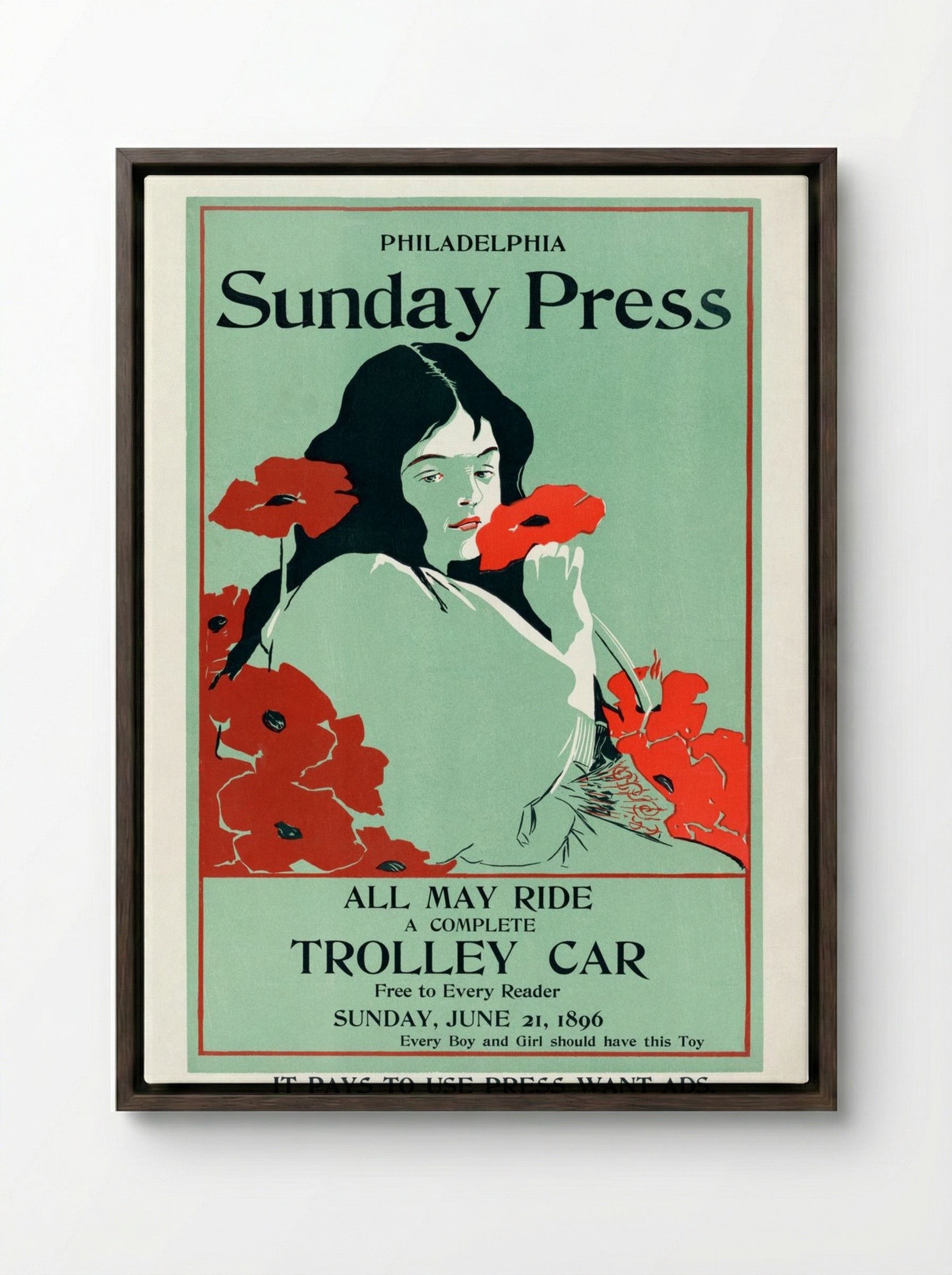All May Ride: Philadelphia Sunday Press Trolley Car Advertisement - George Reiter Brill - Framed Canvas Dark Wood