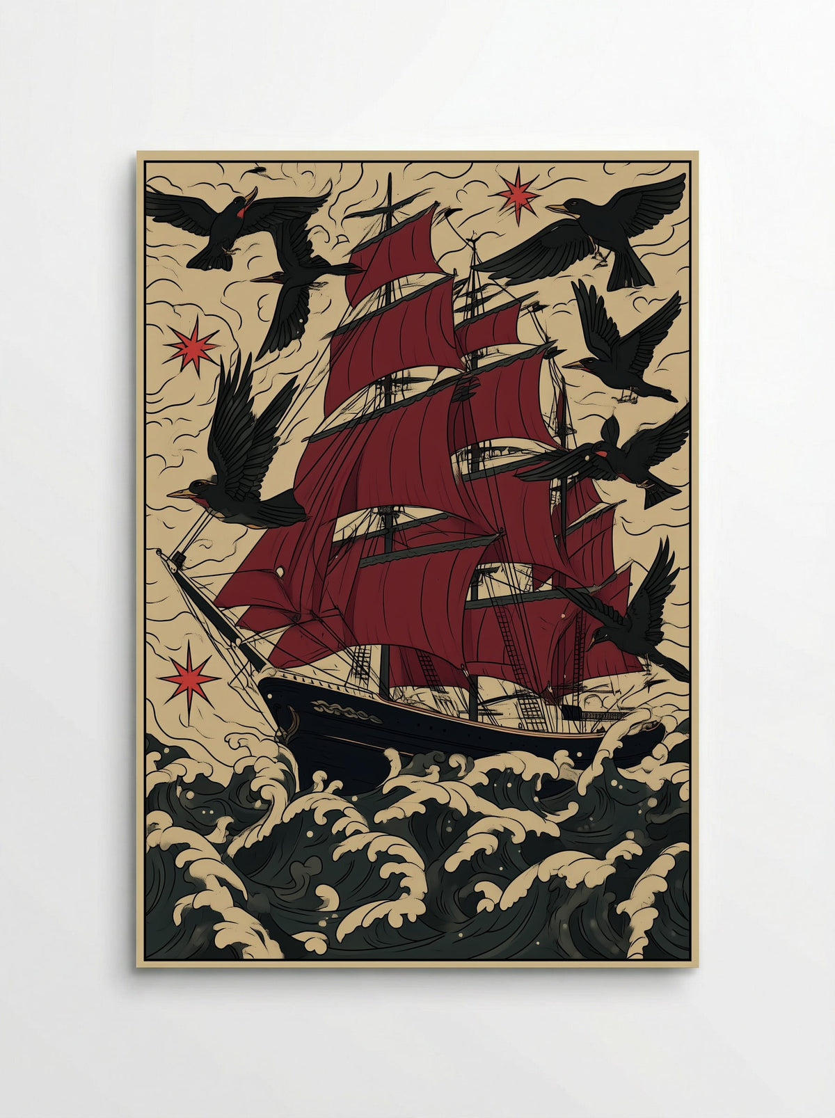 Tall Ship in Stormy Seas - Nautical Tattoo Inspired Print - Poster