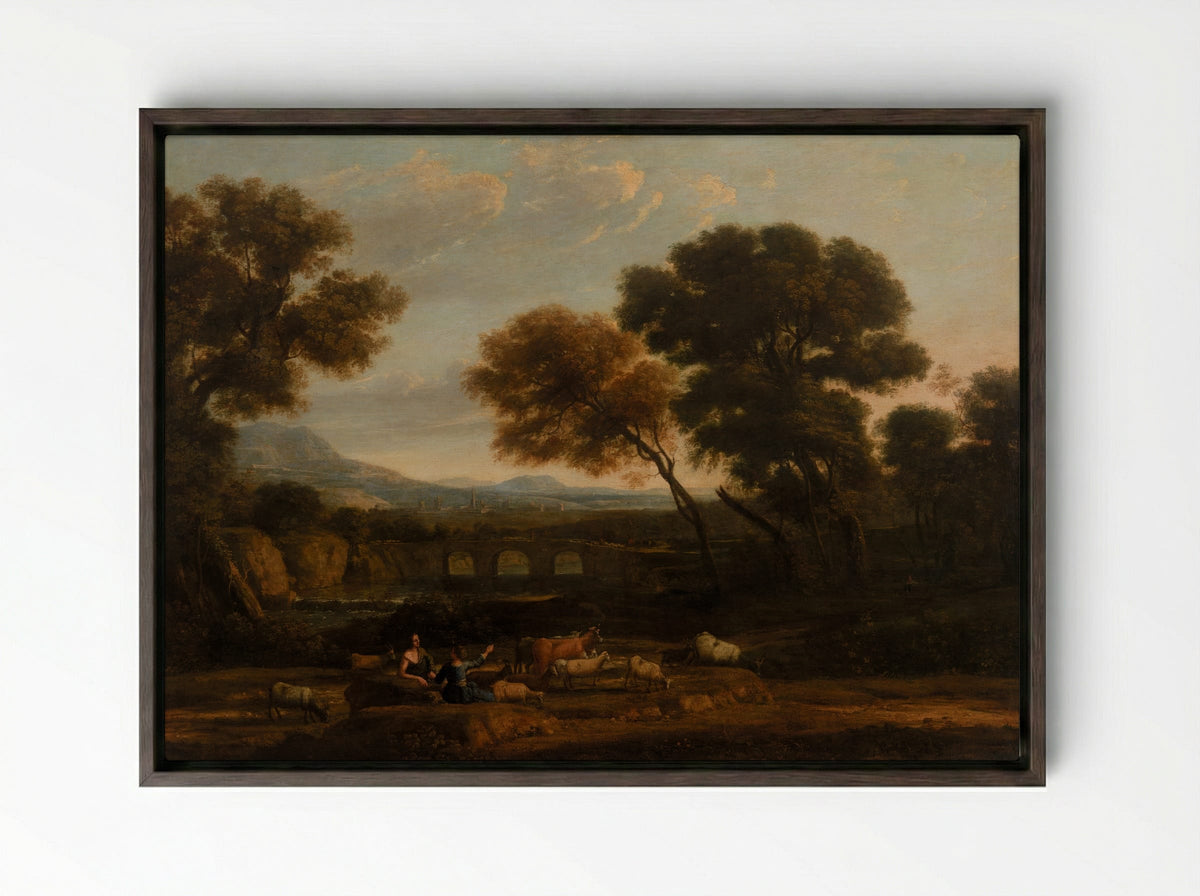 Pastoral Landscape with Bridge - Claude Lorrain - Framed Canvas Dark Wood