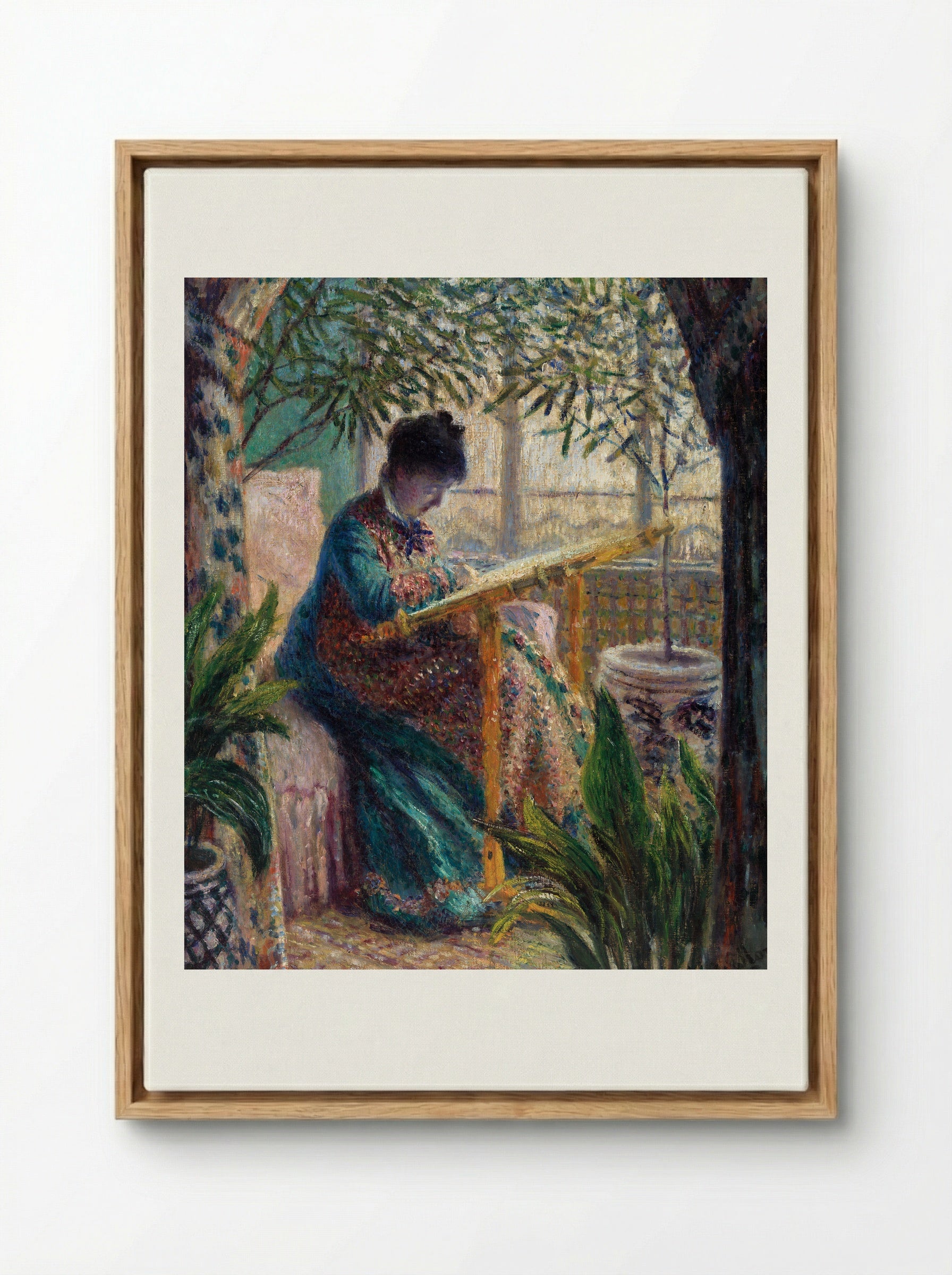 Madame Monet Embroidering - Claude Monet - Framed Canvas Wood