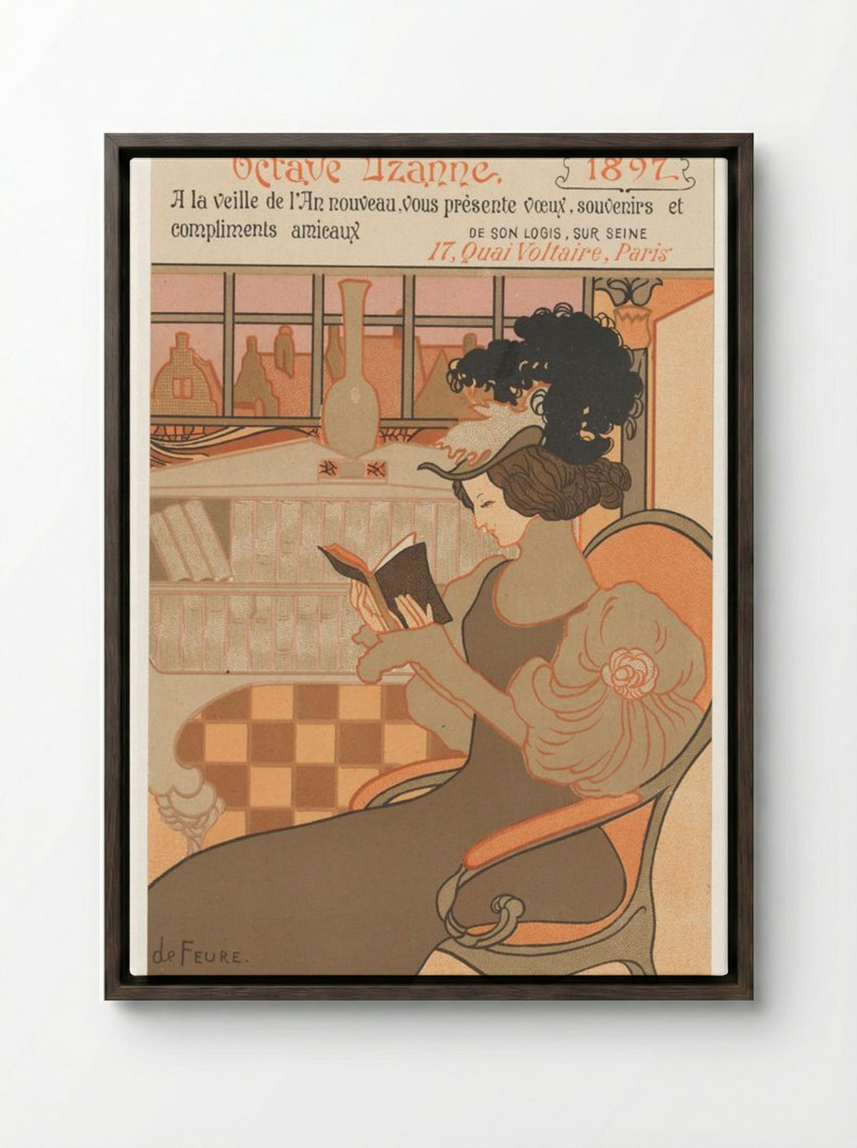 Nieuwjaarswens van Octave Uzanne voor het jaar 1897 (New Year's Greeting Card for Octave Uzanne, 1897) - Georges de Feure - Framed Canvas Dark Wood