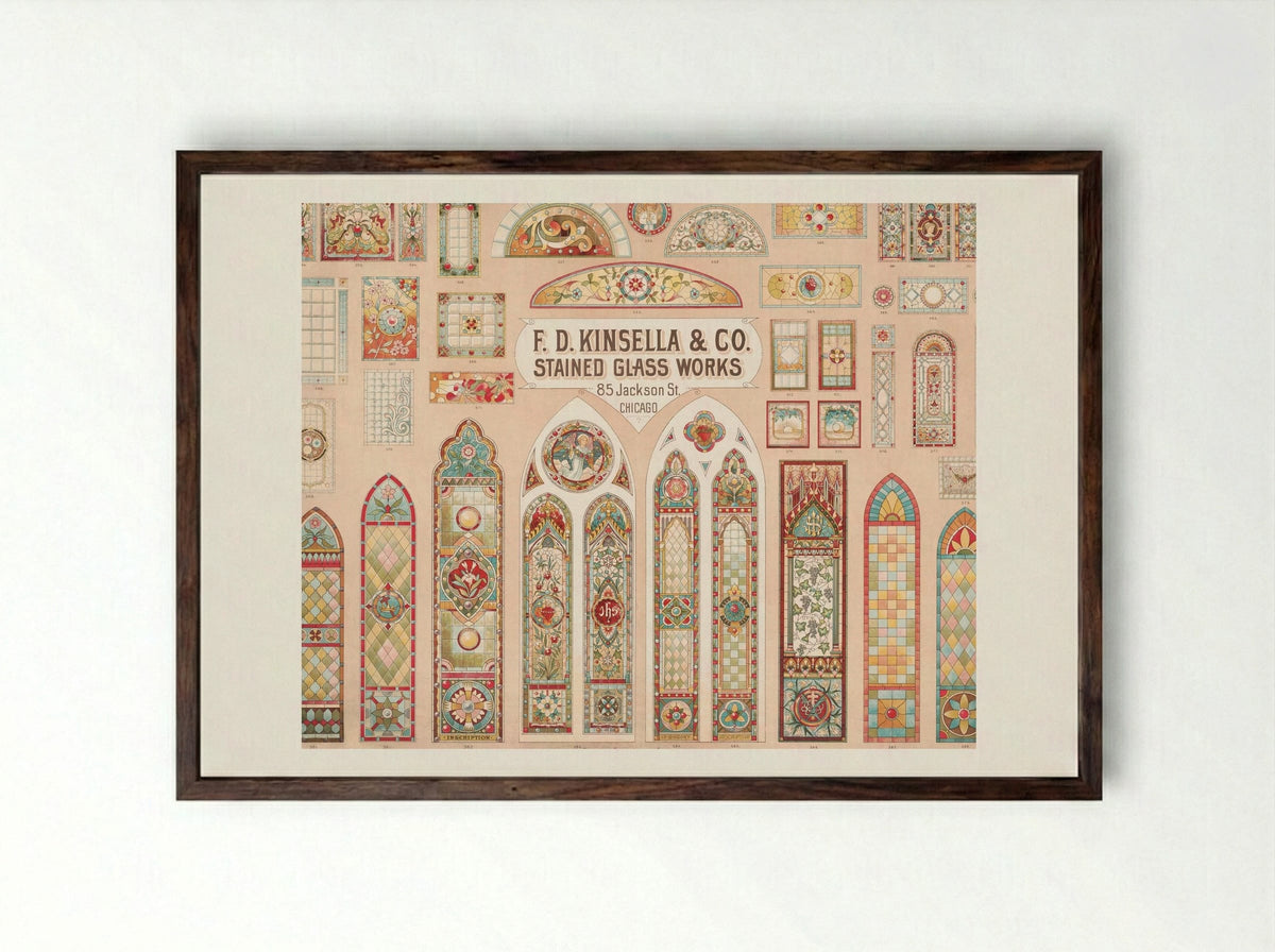 Stained Glass Works Designs - F. D. Kinsella & Co. - Framed Print Dark Wood