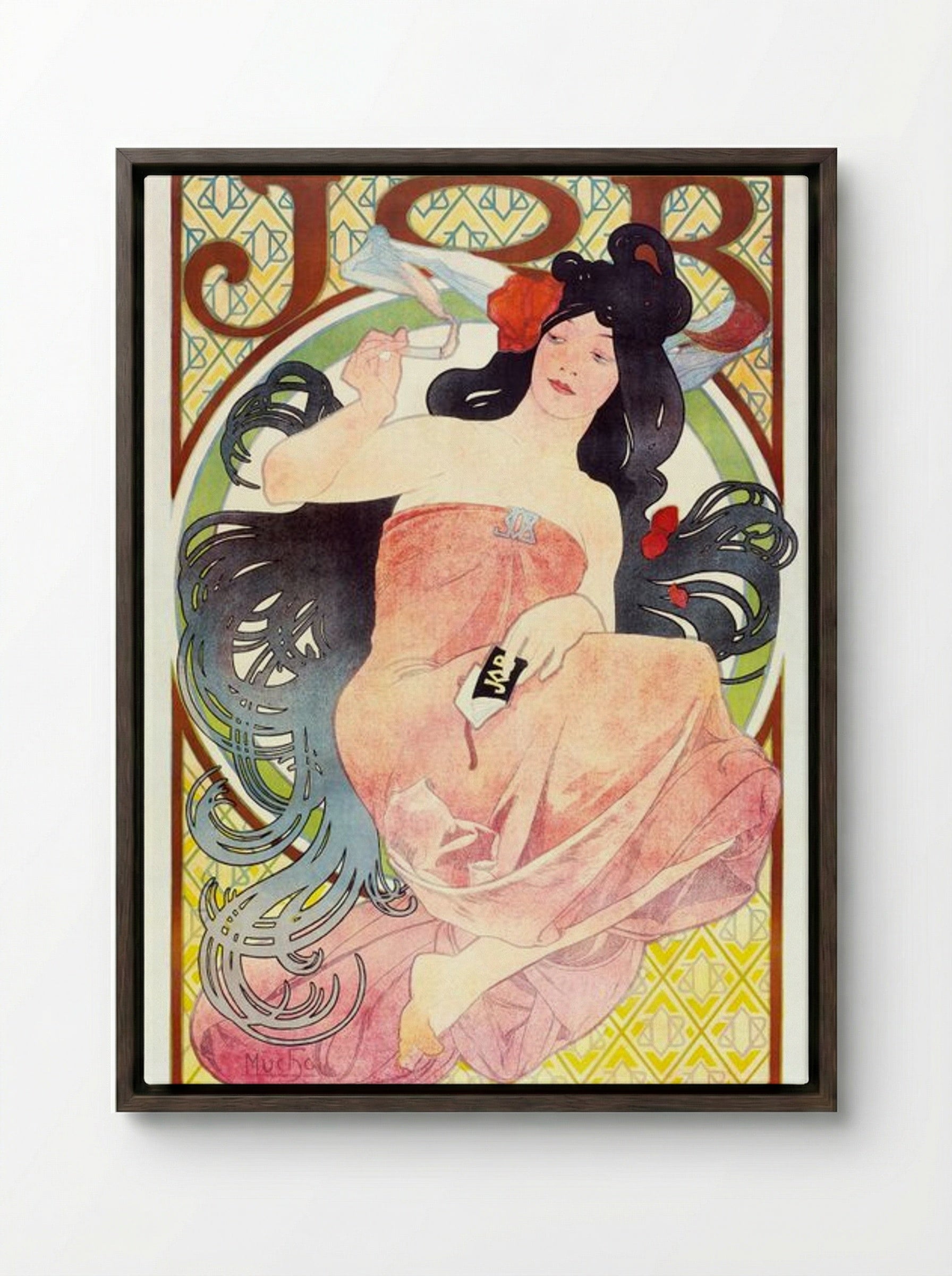 JOB (Woman Smoking) - Alphonse Mucha - Framed Canvas Dark Wood