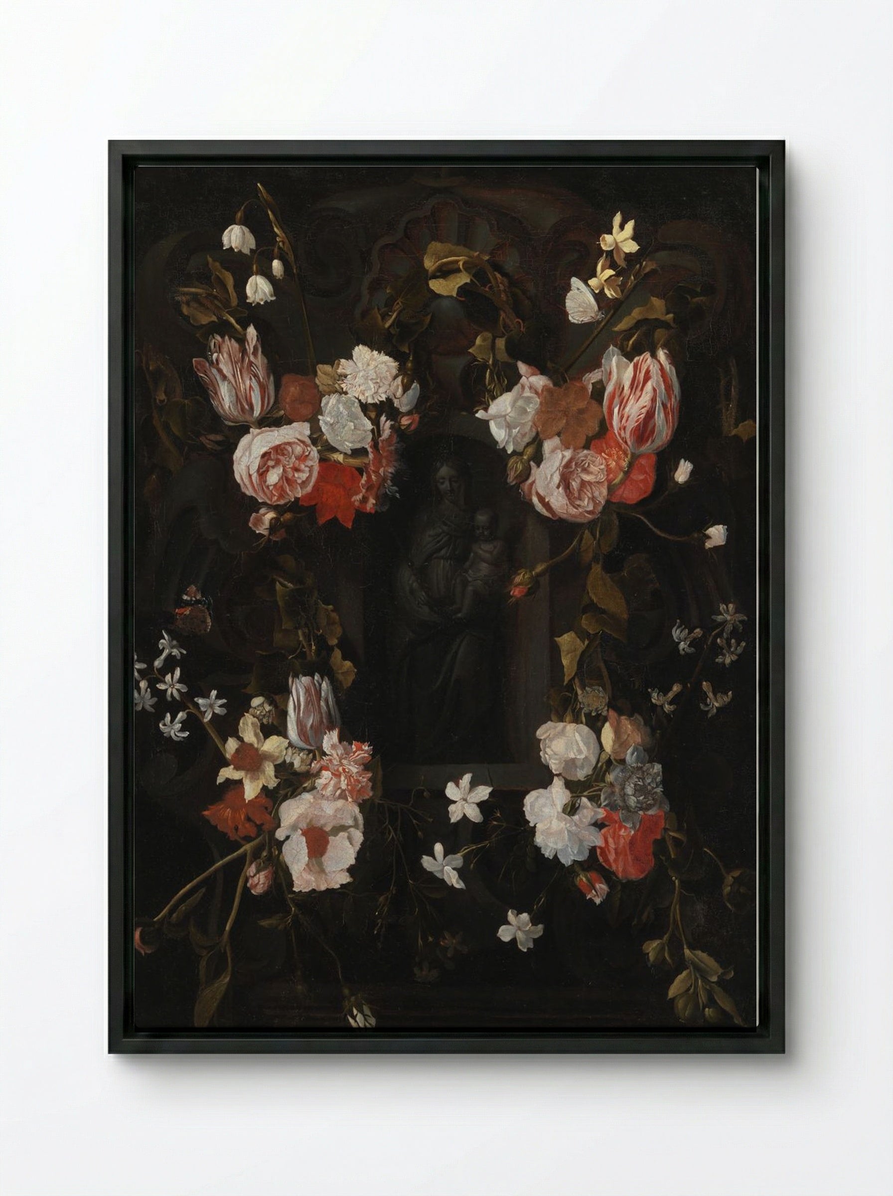 A Flower-Wreathed Niche with a Stone Figure of the Madonna - Fine Art Print - Framed Canvas Black