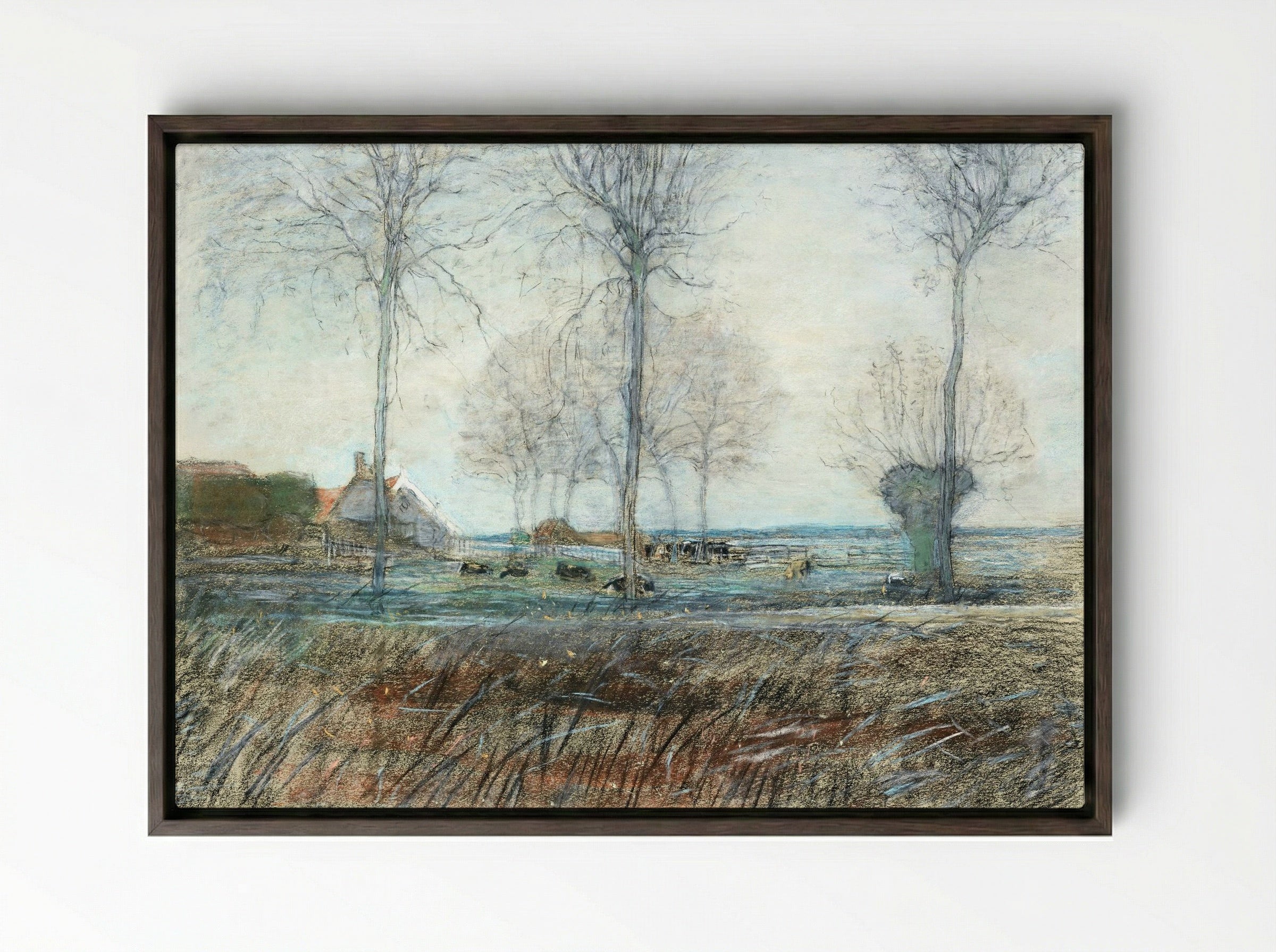 Farm Setting, Three Tall Trees in the Foreground - Piet Mondrian - Framed Canvas Dark Wood