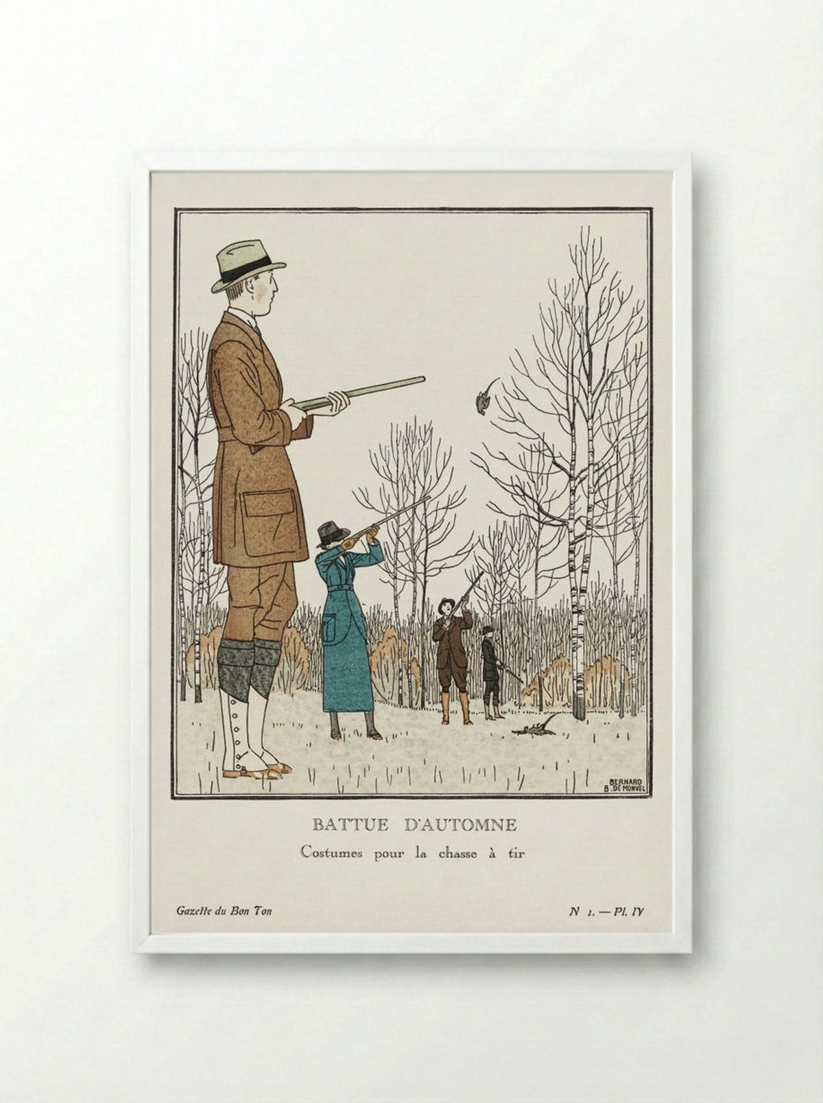 Battue d'Automne (Costumes pour la chasse à tir) - Bernard Boutet de Monvel - Framed Print White