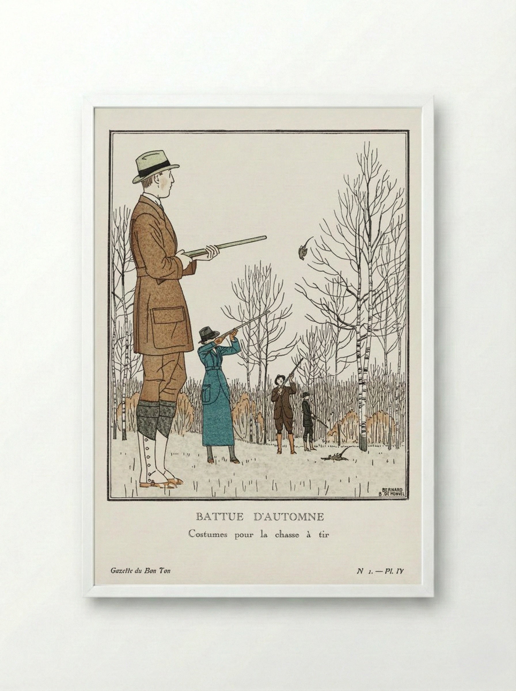 Battue d'Automne (Costumes pour la chasse à tir) - Bernard Boutet de Monvel - Framed Print White