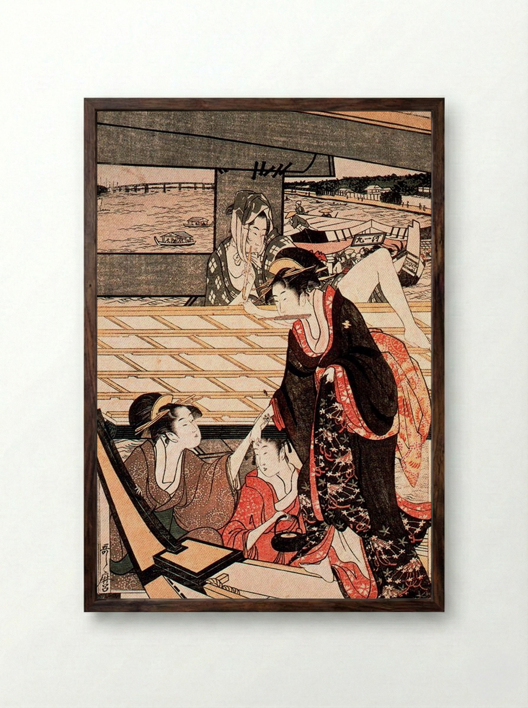 A Scene on the Bridge - Kitagawa Utamaro - Framed Print Dark Wood