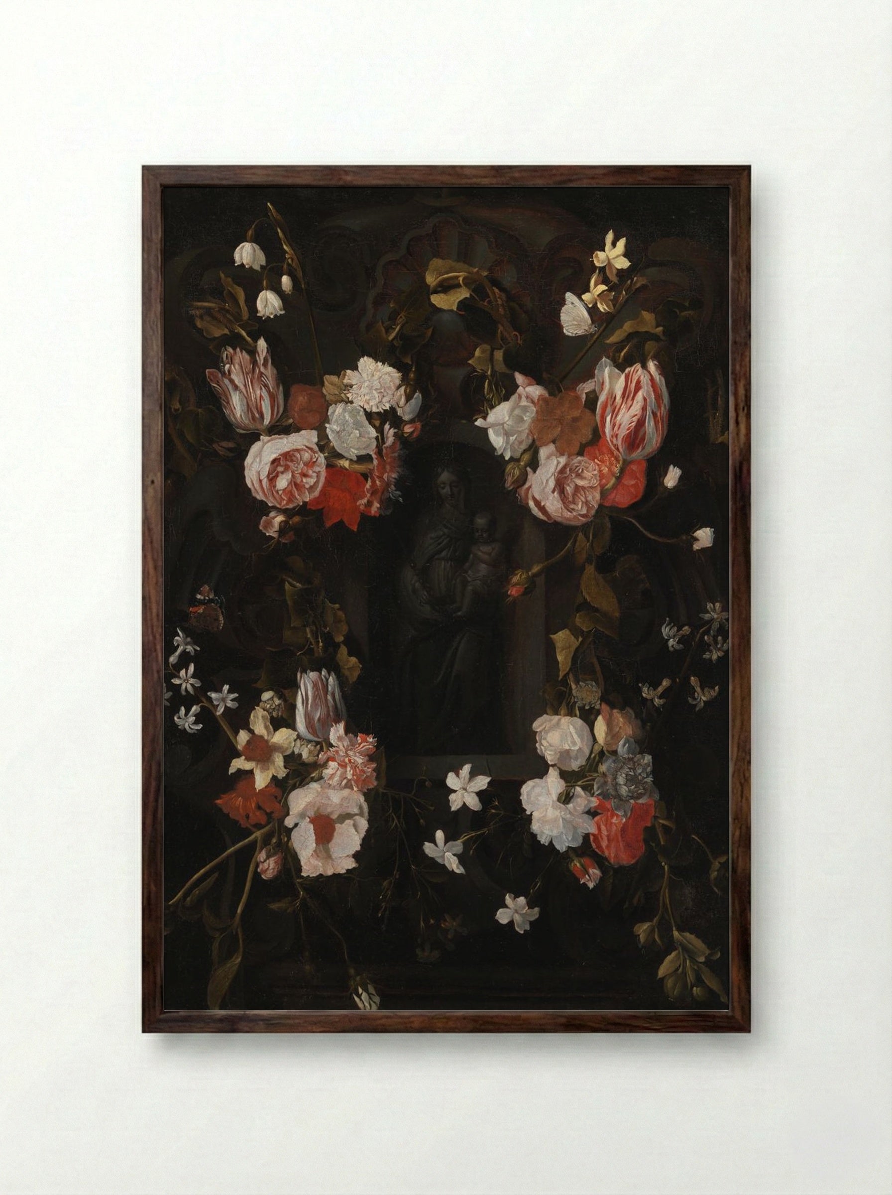 A Flower-Wreathed Niche with a Stone Figure of the Madonna - Fine Art Print - Framed Print Dark Wood
