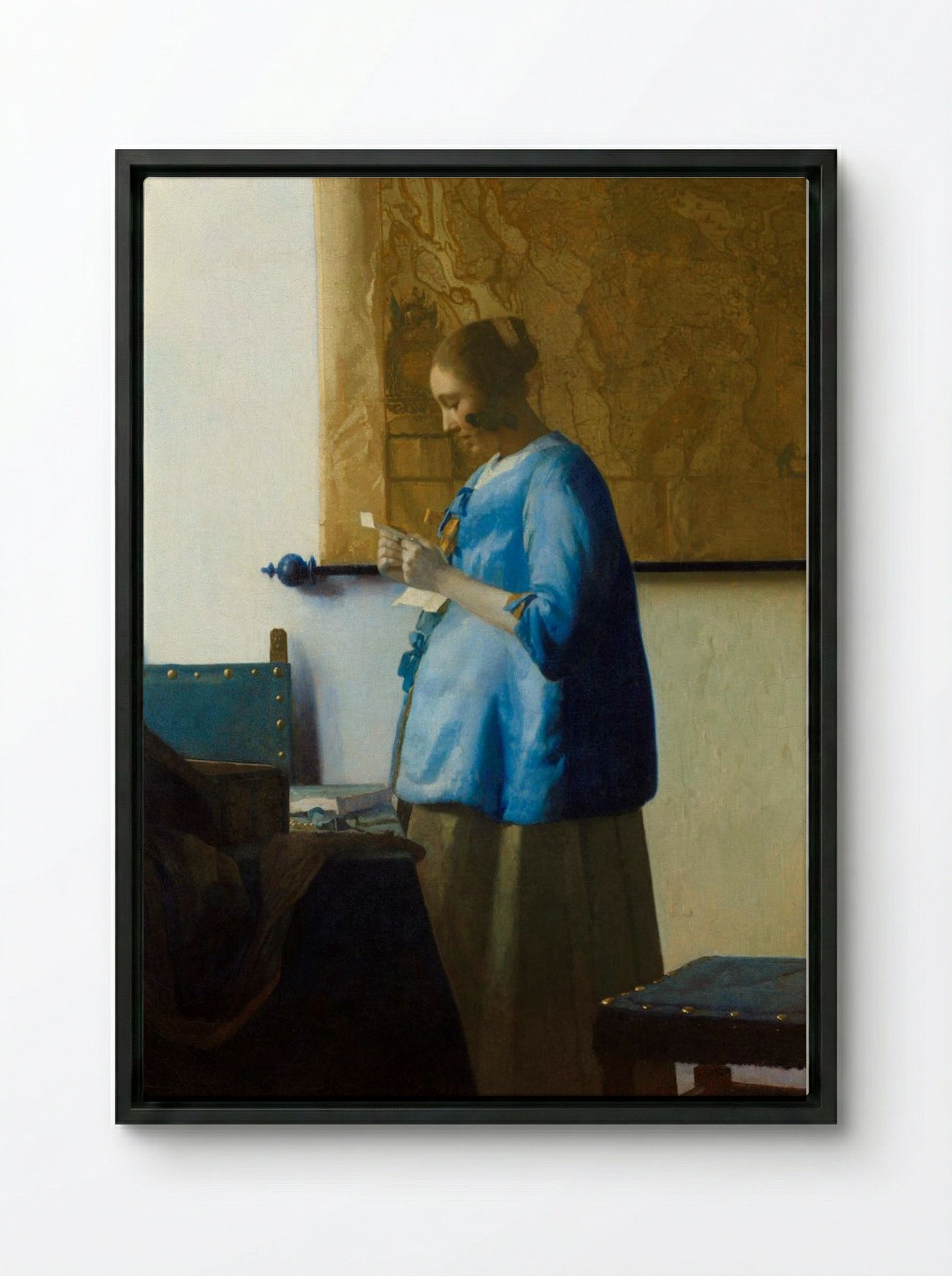 Woman Reading a Letter - Johannes Vermeer - Framed Canvas Black