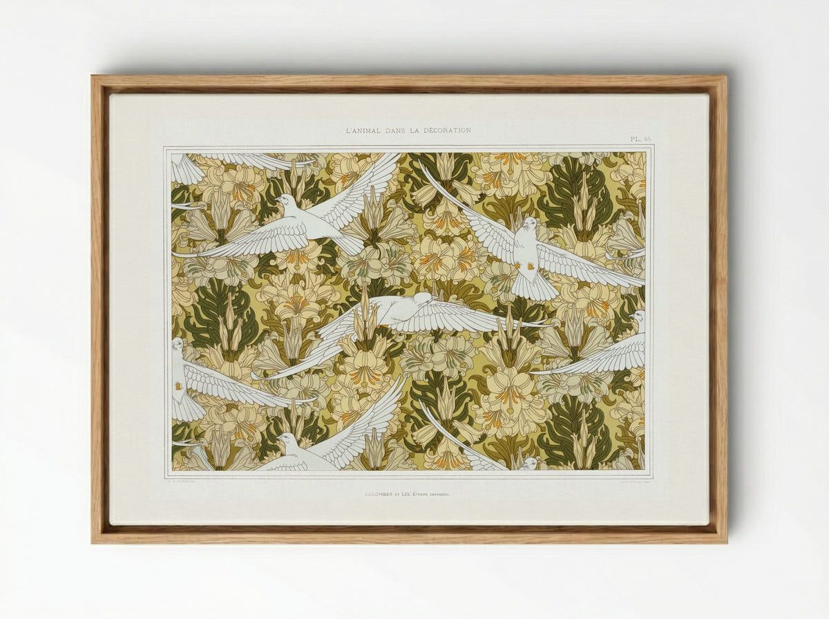 Colombes et Lis, Étoffe Imprimée (Doves and Lilies, Printed Fabric) - Maurice Pillard Verneuil - Framed Canvas Wood