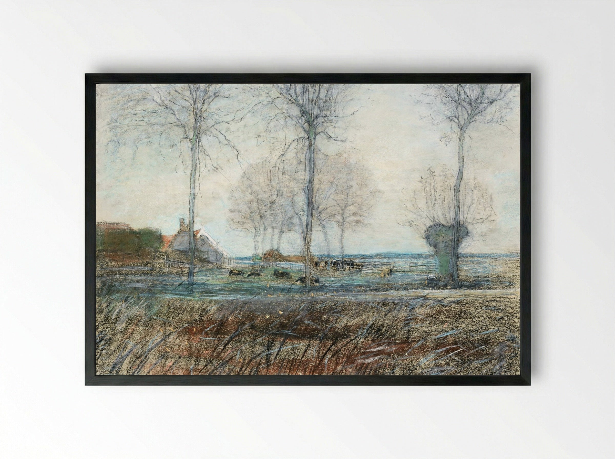Farm Setting, Three Tall Trees in the Foreground - Piet Mondrian - Framed Print Black