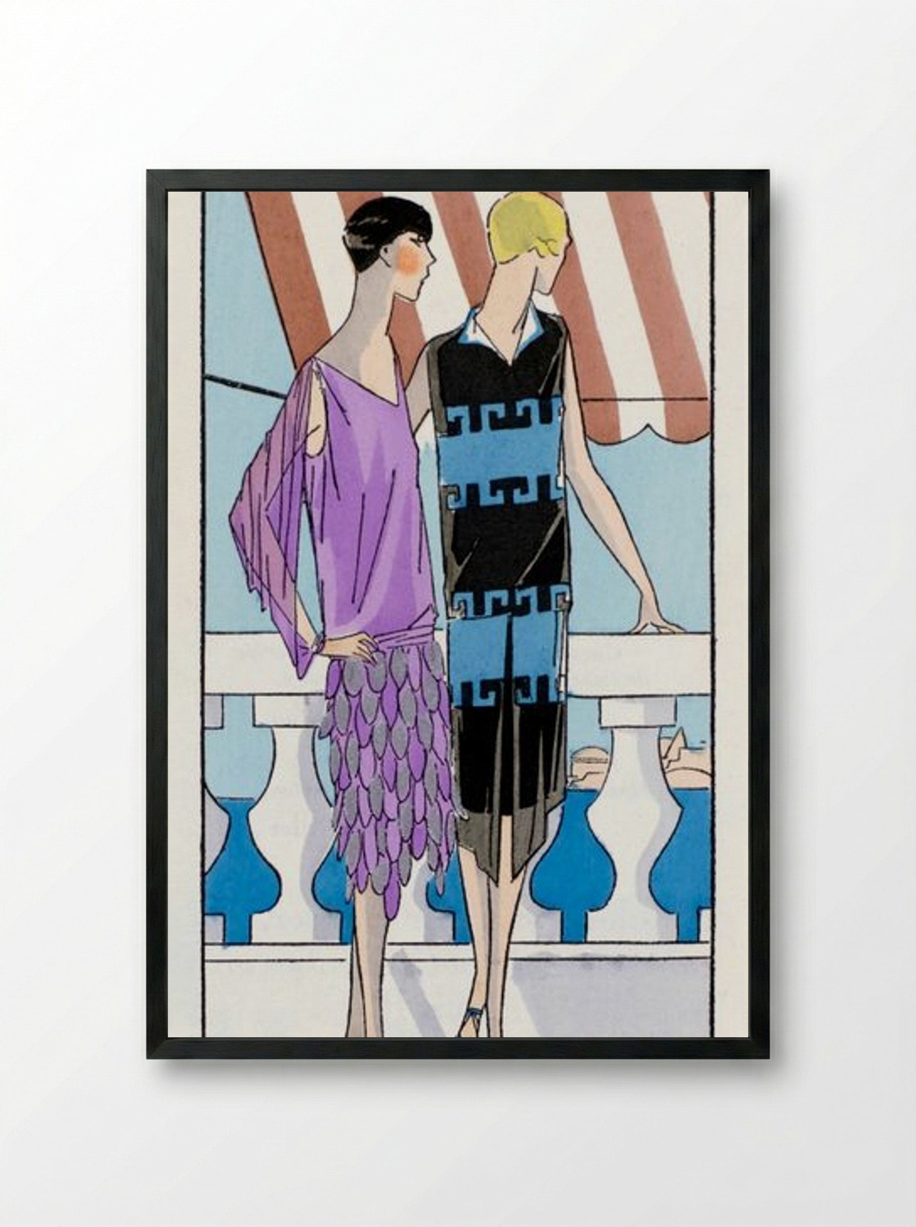 Two Women in Summer Dresses on a Terrace - Brandt and Philippe et Gaston - Framed Print Black