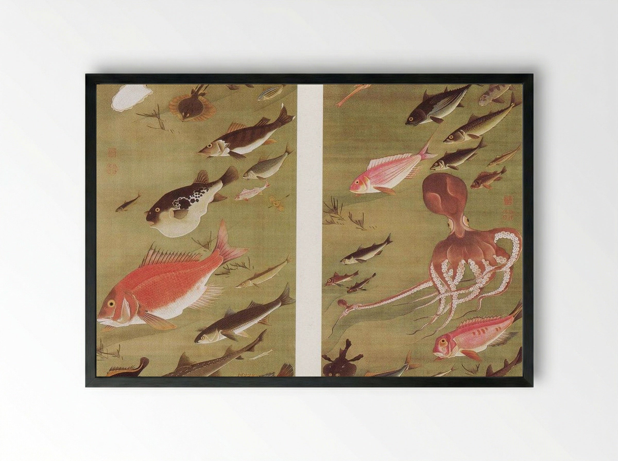 Octopus and Fish - Itō Jakuchū - Framed Print Black