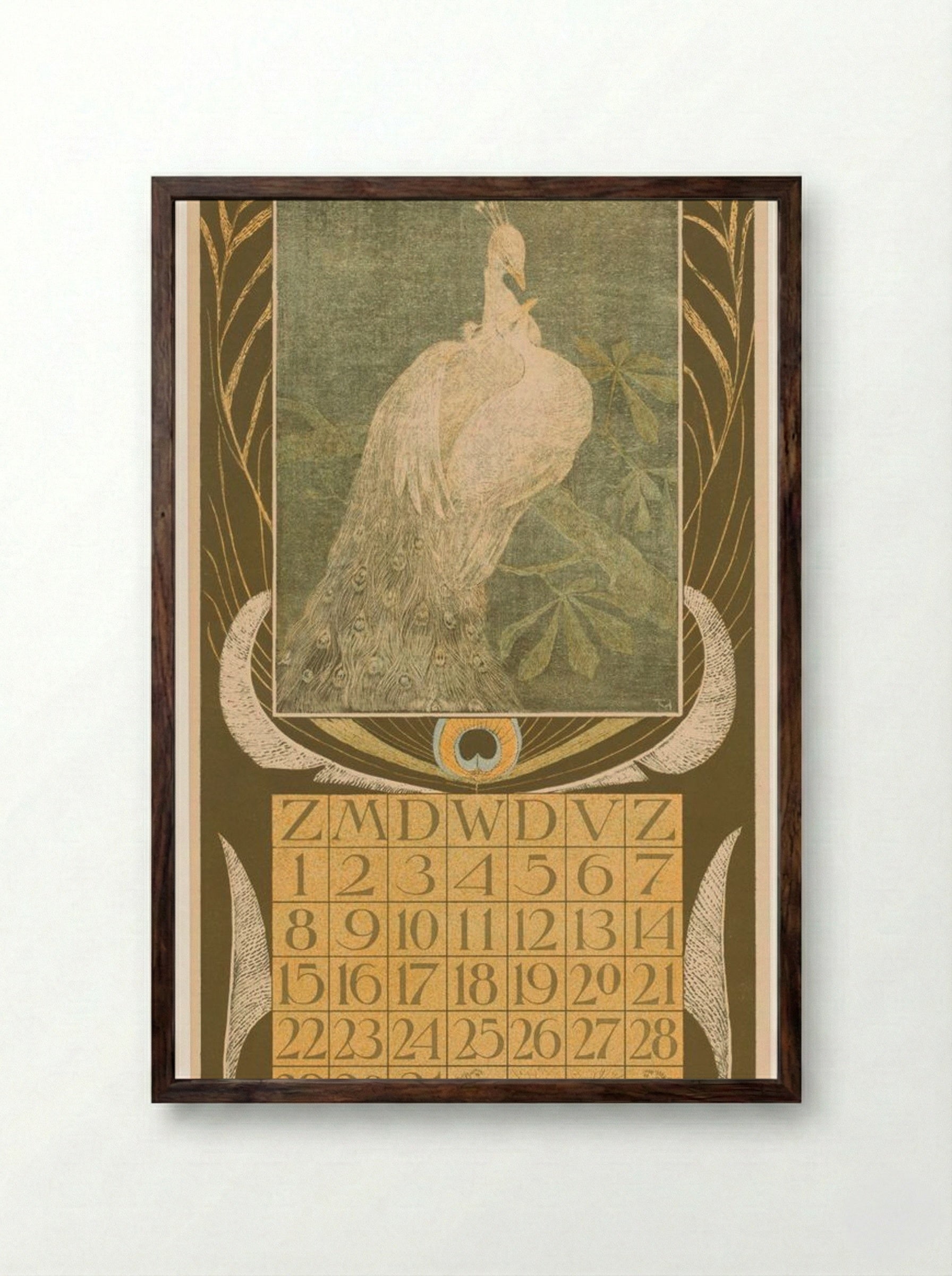 Kalenderblad Mei met Twee Pauwen - Theo van Hoytema - Framed Print Dark Wood