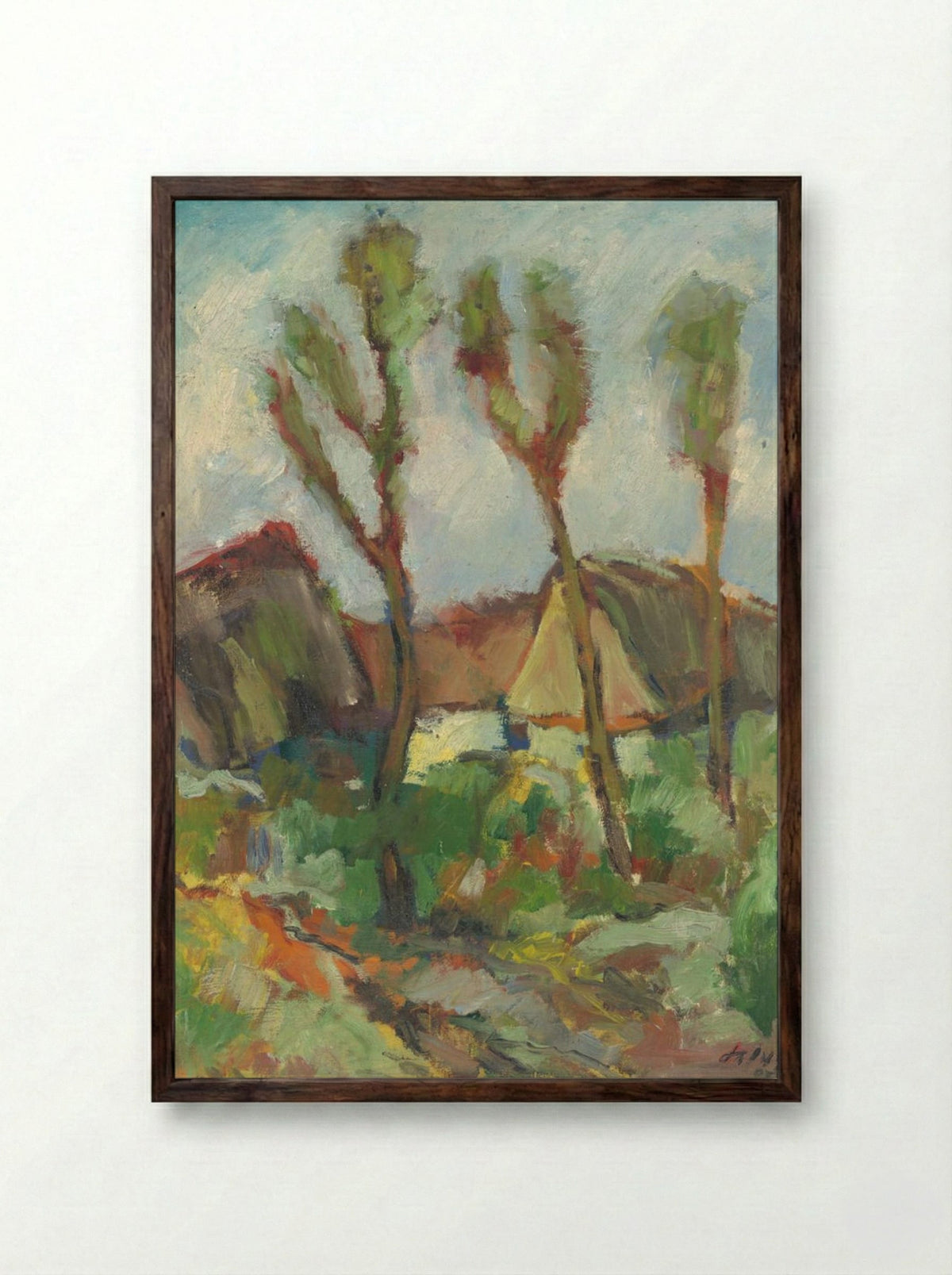 Sketch of a Landscape with Poplars - Zolo Palugyay - Framed Print Dark Wood