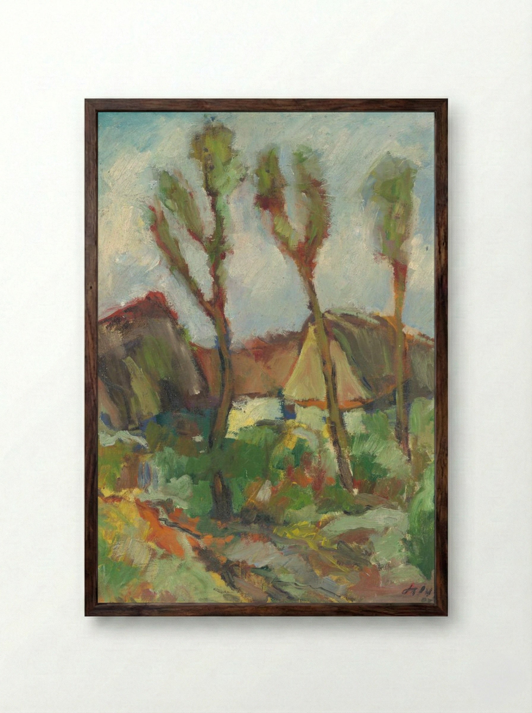 Sketch of a Landscape with Poplars - Zolo Palugyay - Framed Print Dark Wood